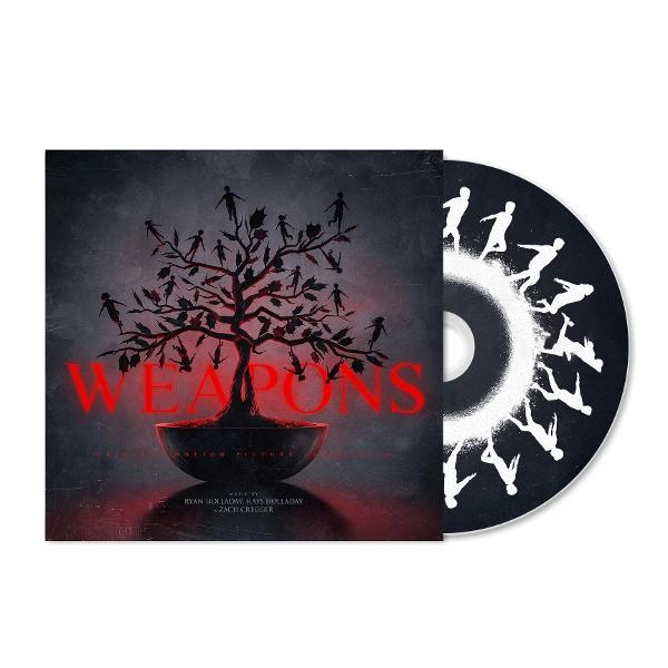 CD-Cover mit Baum-Silhouette mit Figuren, rotes Wort 'WEAPONS' und CD mit laufenden Figuren.