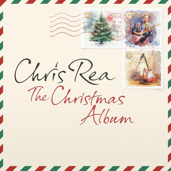 Albumcover für Chris Reas „The Christmas Album“. Mit Briefmarken mit Weihnachtsbaum, Gitarre und dem Künstler. Roter und grüner Rand.