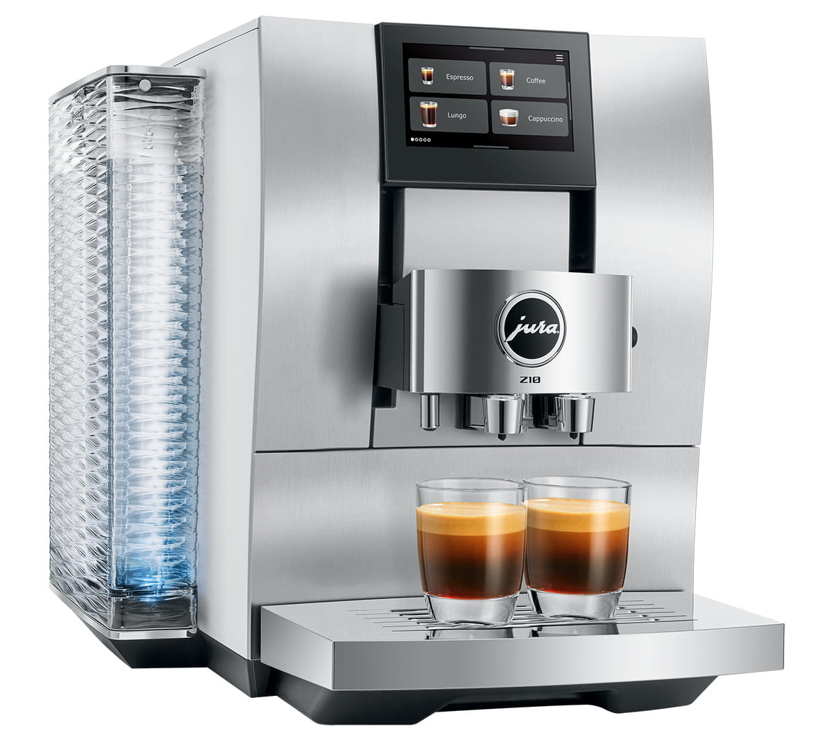 Srebrny ekspres do kawy Jura z dwoma espresso w szklankach. Posiada ekran dotykowy i zbiornik na wodę po lewej stronie.