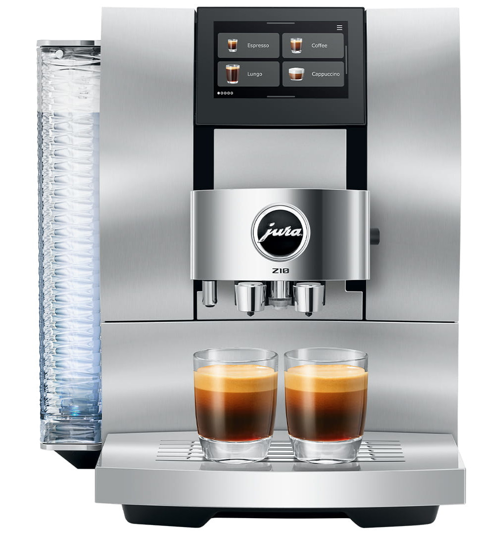 Ekspres do kawy Jura Z10 ze stali nierdzewnej. Dwie szklanki espresso na tacy. Ekspres ma ekran dotykowy i zbiornik na wodę.