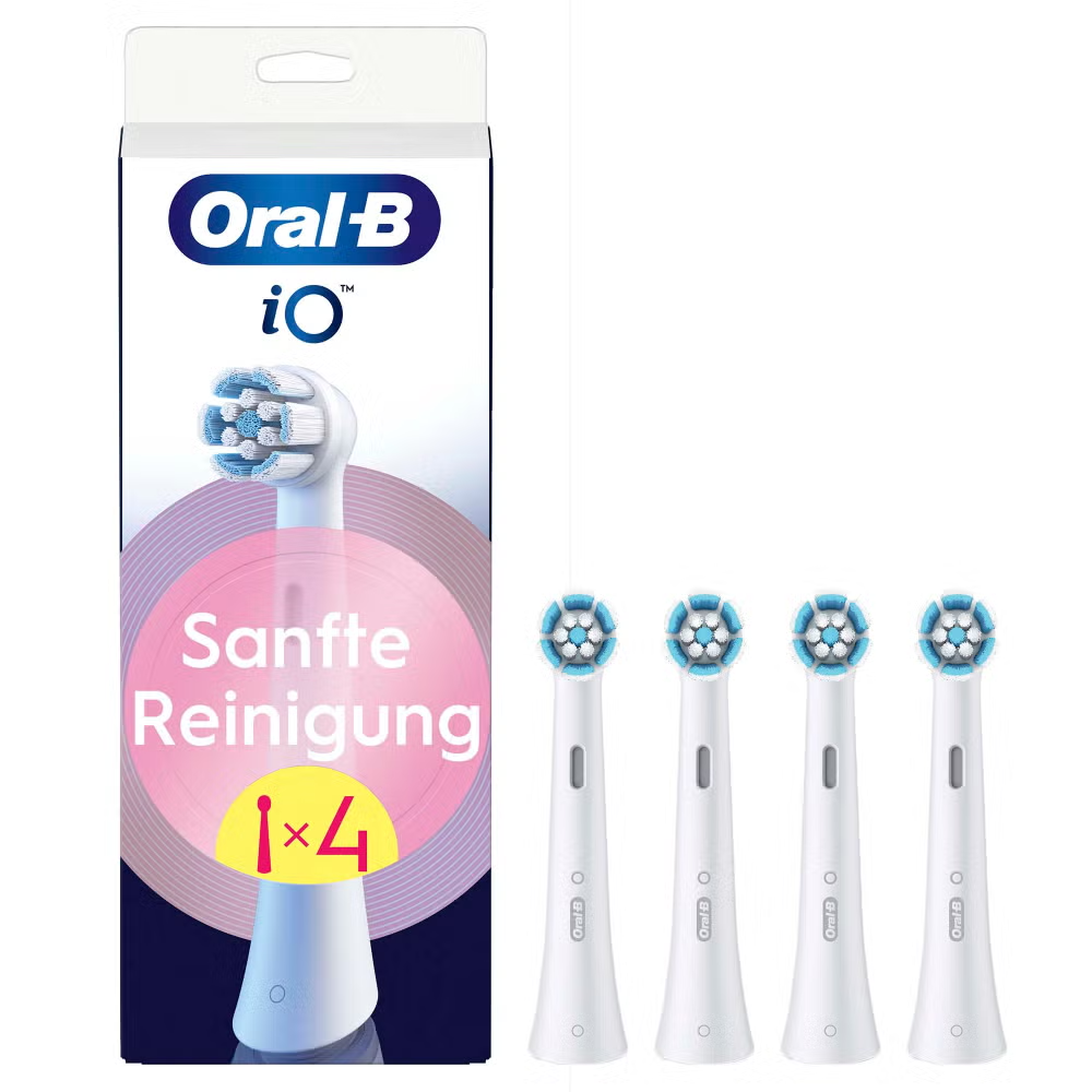 Una scatola di testine per spazzolino Oral-B iO e quattro testine di ricambio. La scatola dice 'Sanfte Reinigung' e '1x4'.