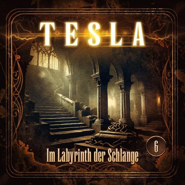 Cover-Art von Teslas Album. Zeigt ein dunkles, gotisches Interieur mit Treppen nach oben. Der Titel "Tesla" und deutscher Text sind sichtbar.