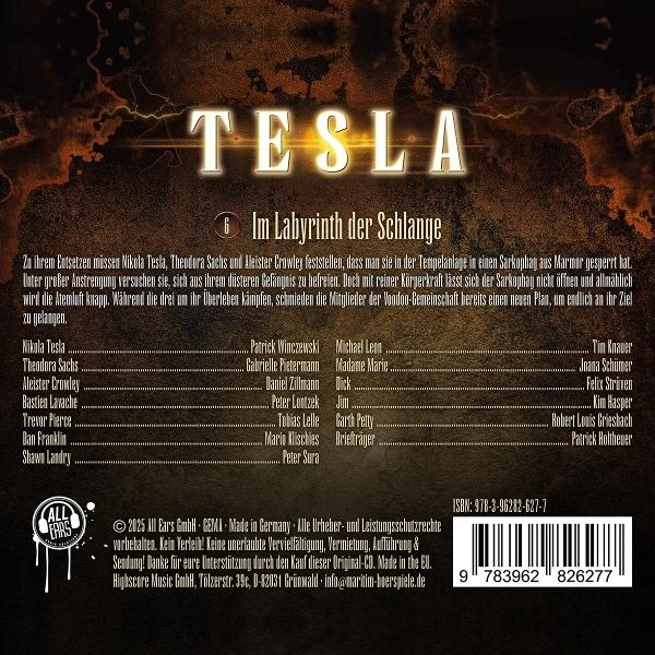 Das Cover zeigt das Wort TESLA. Darunter Text und eine Namensliste. Unten rechts befindet sich ein Barcode.