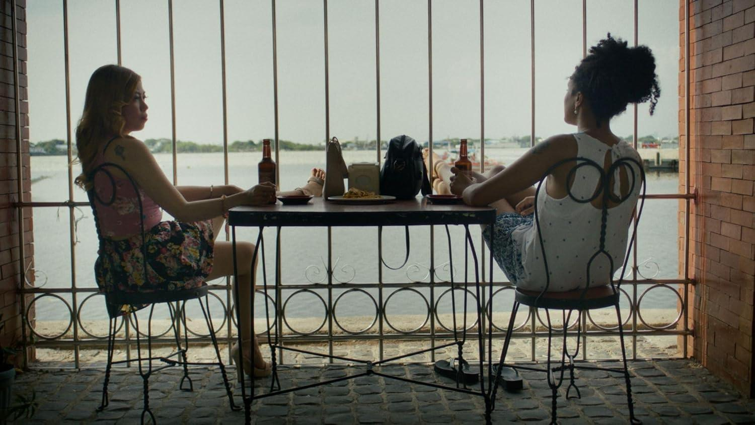 Zwei Frauen sitzen an einem Tisch am Wasser. Sie haben Bier, Taschen und Essen. Ein Metallzaun und eine Ziegelmauer sind im Bild.