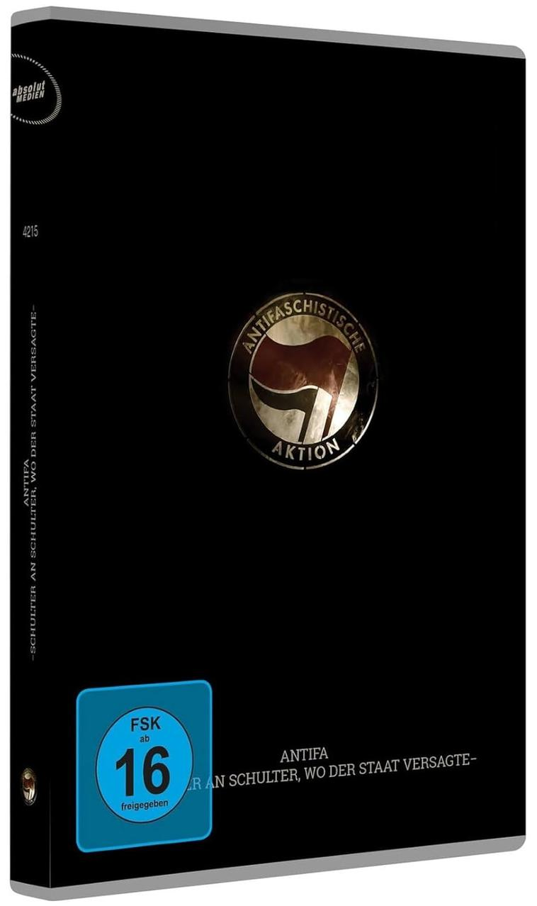 DVD-Hülle mit schwarzem Hintergrund. Enthält das Antifa-Logo, FSK 16 und Text auf Deutsch.