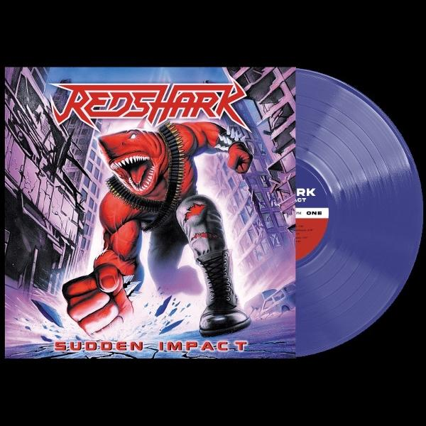 Albumcover: RedShark, eine Hai-Mann-Figur, Faust erhoben, vor einer Stadtkulisse. Rechts eine lila Schallplatte.