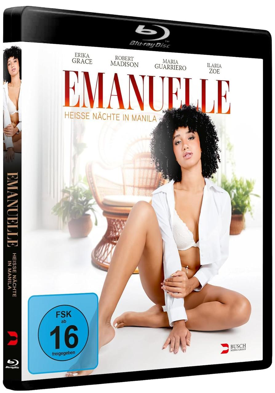 Blu-ray-Cover mit einer Frau in weißem Hemd und BH. Der Titel lautet Emanuelle, mit Heisse Nachte in Manila.