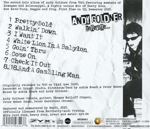 Albumcover: Weißer Hintergrund, schwarzer Text. Eine Figur mit Sonnenbrille ist rechts. Titelliste und Bandname links.