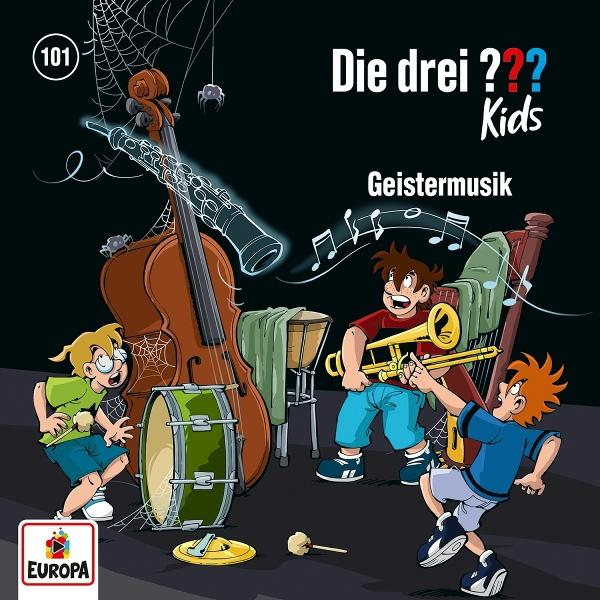 Cartoon-Bild von drei Kindern mit Musikinstrumenten. Ein Cello, eine Trompete, eine Trommel und eine Harfe. Der Titel lautet Die drei ??? Kids Geistermusik.