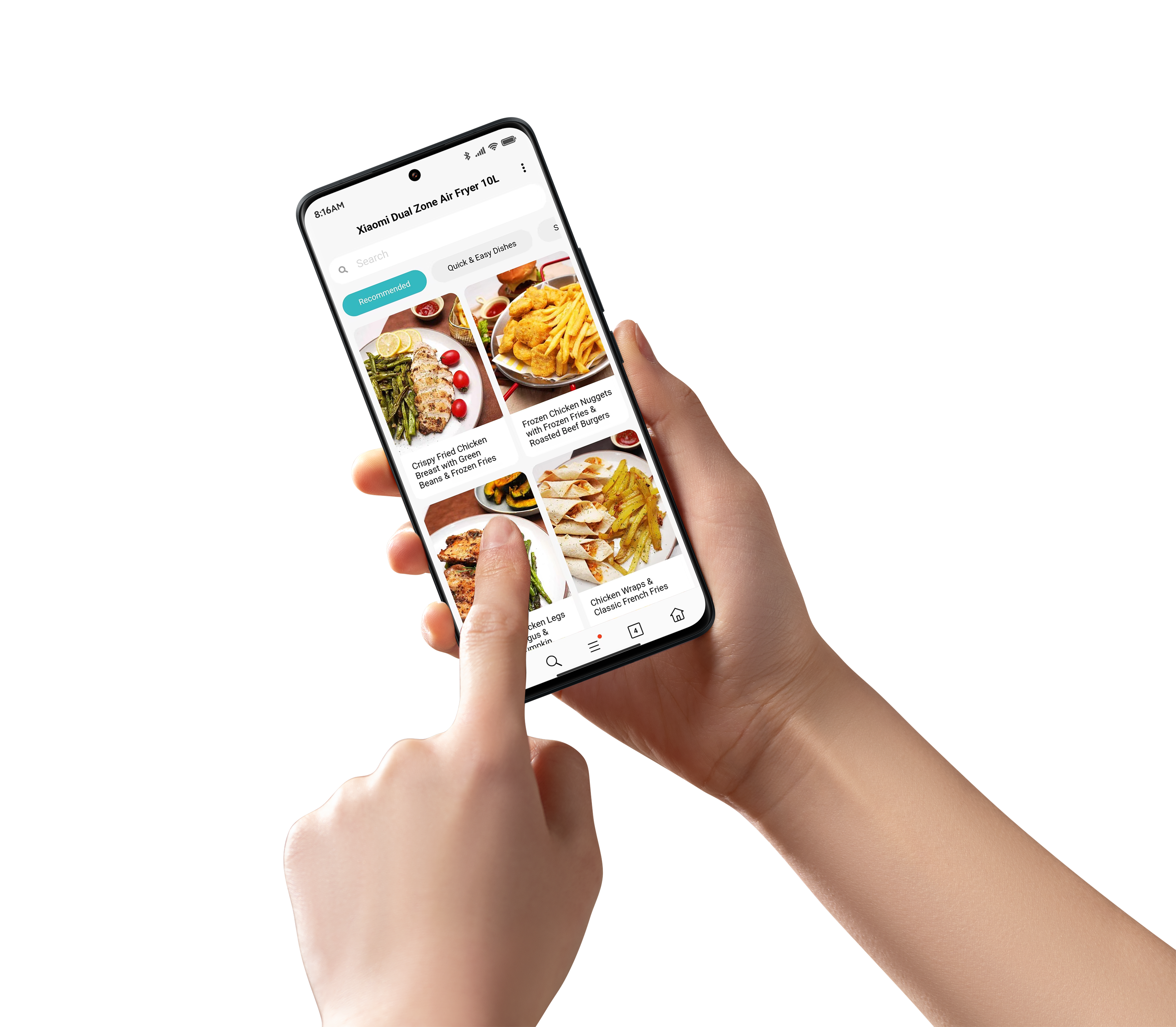 Hände, die ein Telefon mit einer Essens-App halten. Der Bildschirm zeigt Essensoptionen und ein Finger tippt darauf.