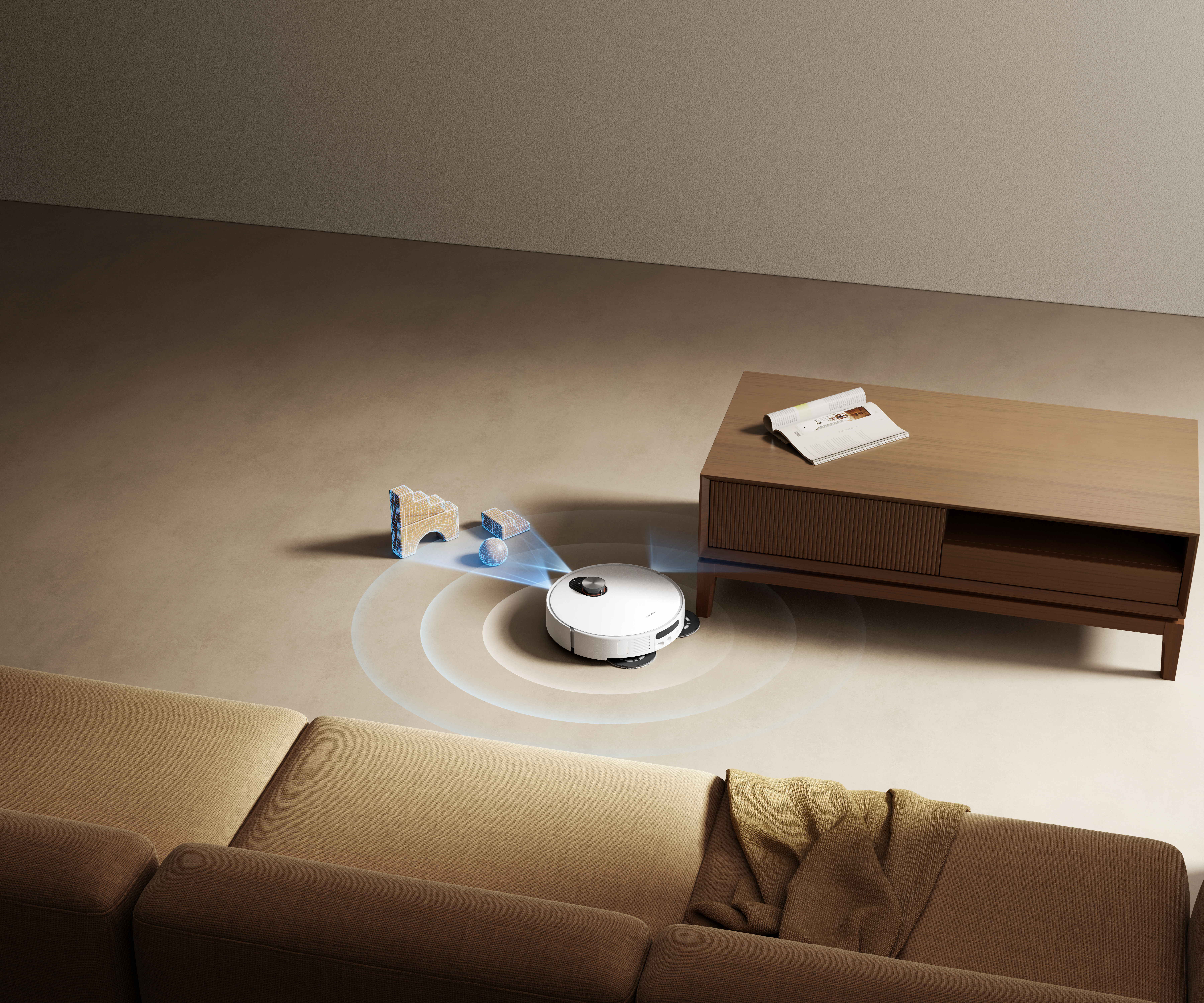 Ein Roboter-Staubsauger reinigt einen beigen Boden. Sofa, Couchtisch und Spielzeug im Hintergrund.