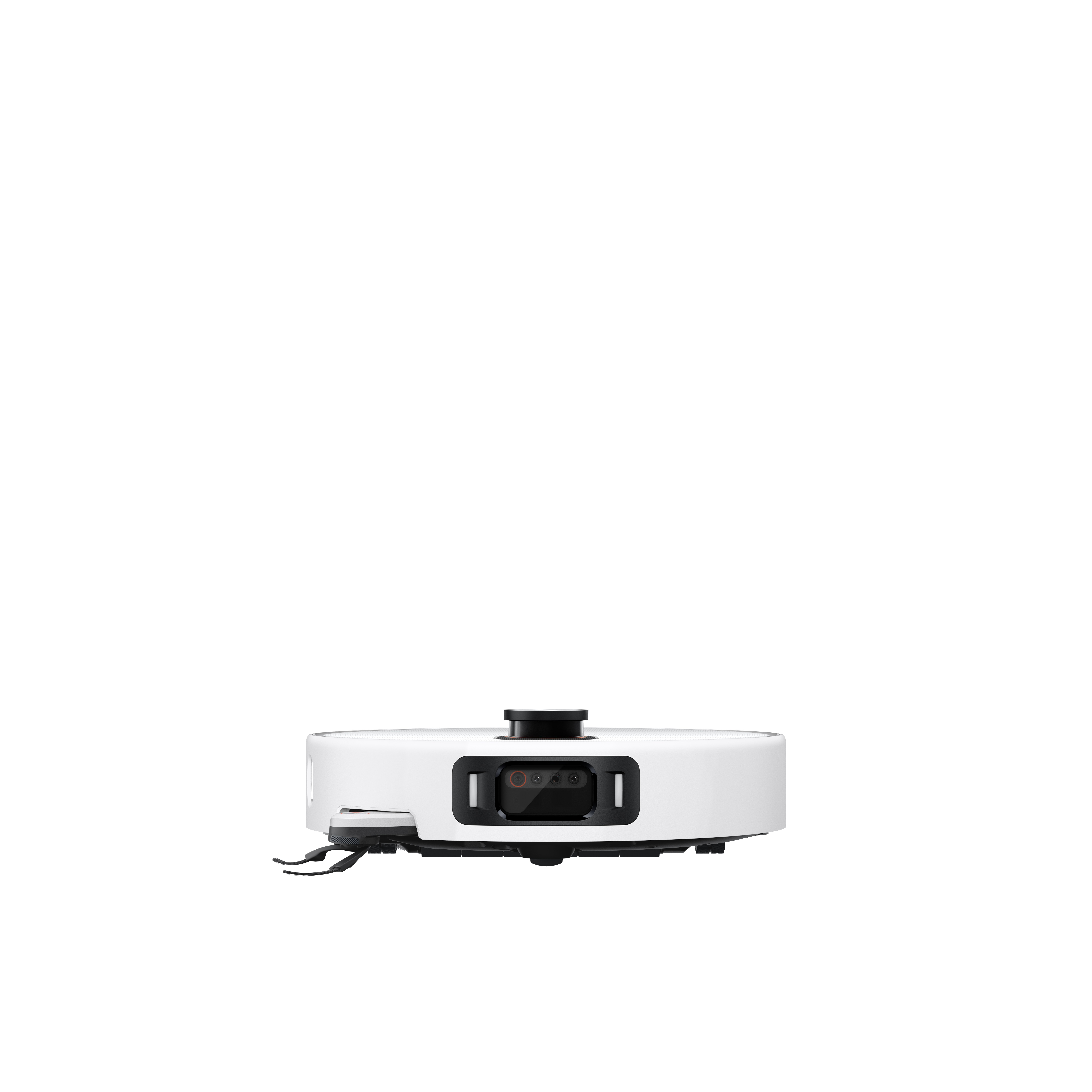 Ein weißer Roboterstaubsauger auf weißem Hintergrund. Er hat eine schwarze Kamera und Sensoren.
