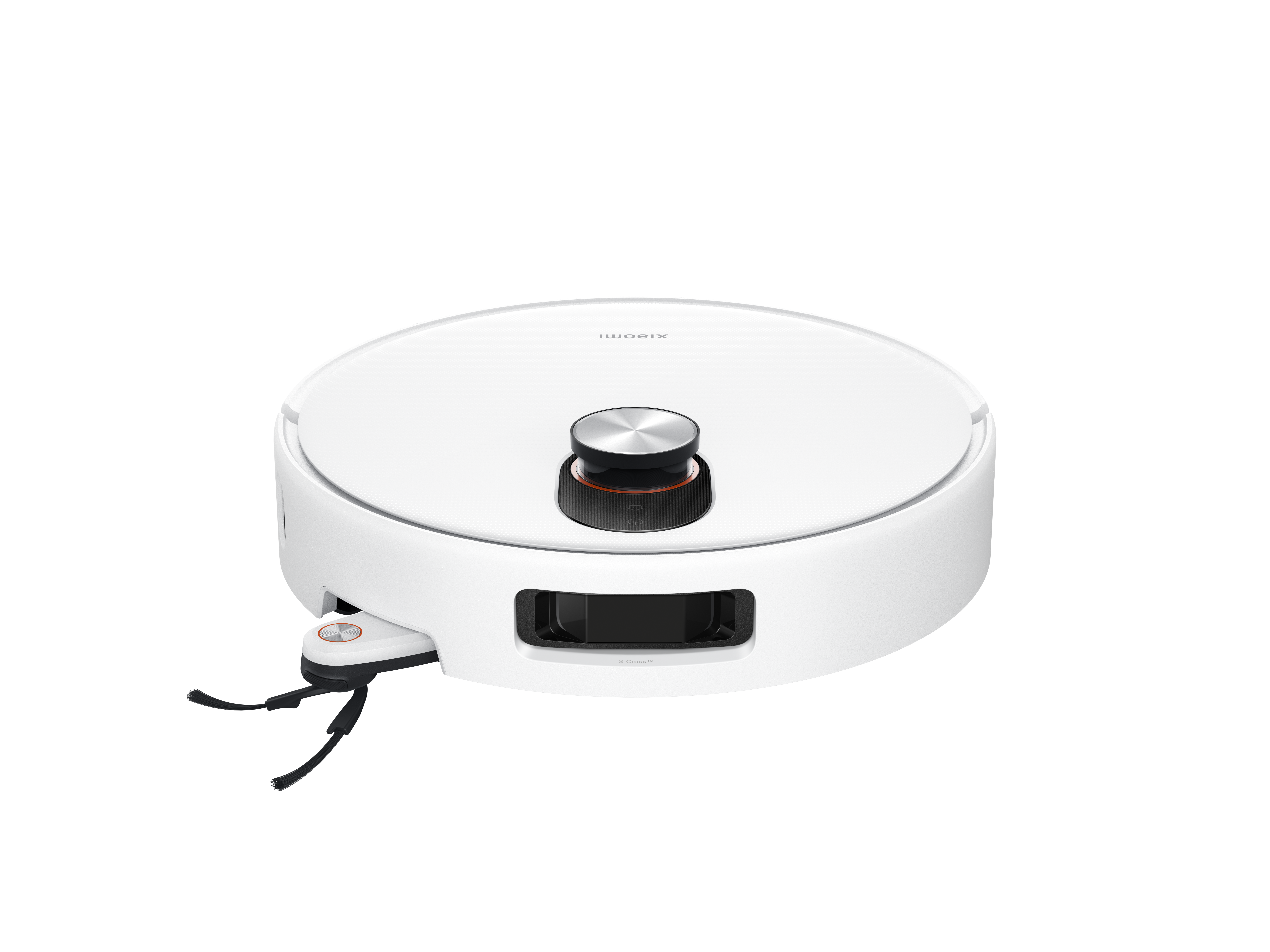 Ein weißer, runder Roboter-Staubsauger mit einem schwarzen Sensor und einer Bürste. Xiaomi-Logo.