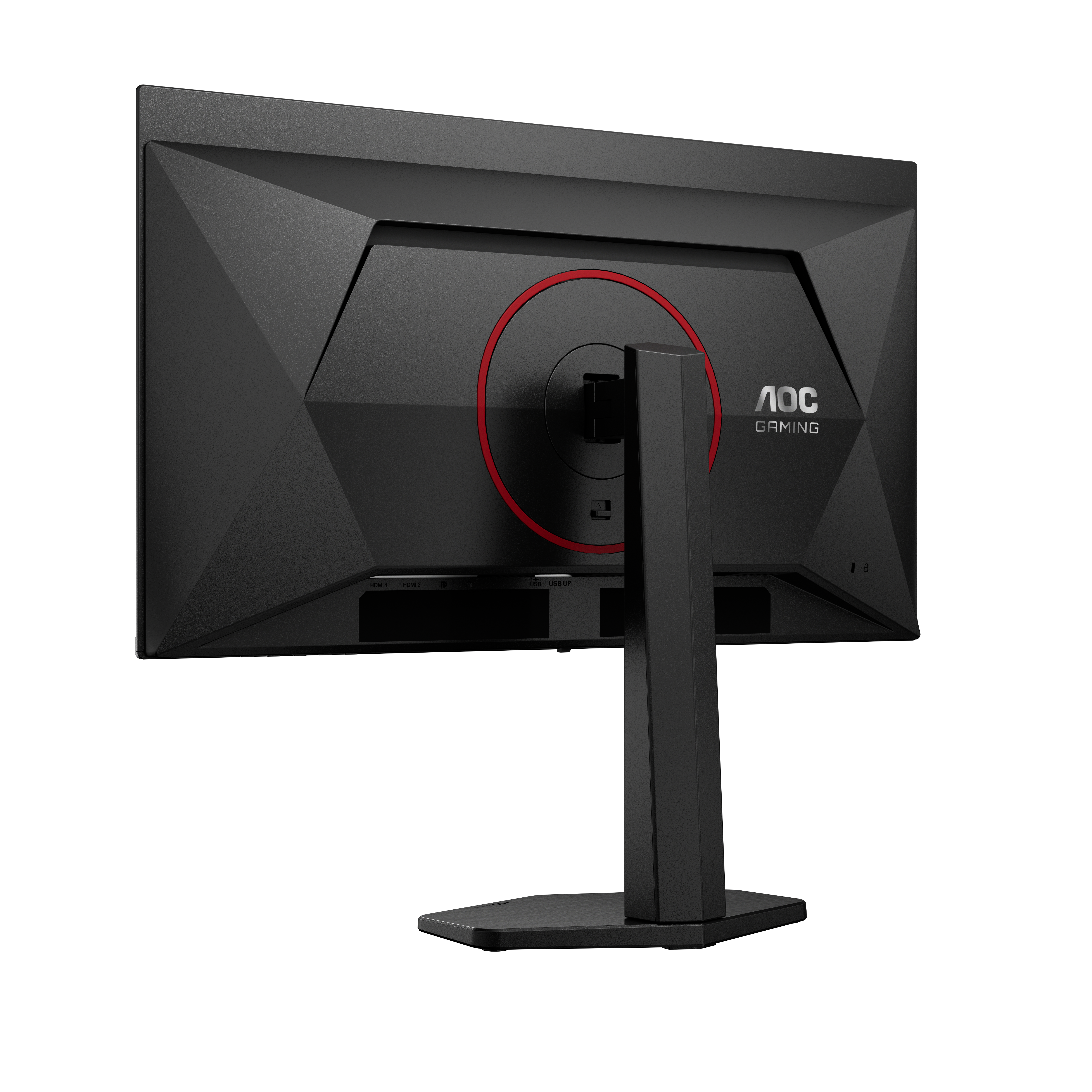 Die Rückseite eines schwarzen AOC-Gaming-Monitors wird gezeigt, mit einem roten Kreis und Logo. Der Ständer und die Basis sind schwarz.