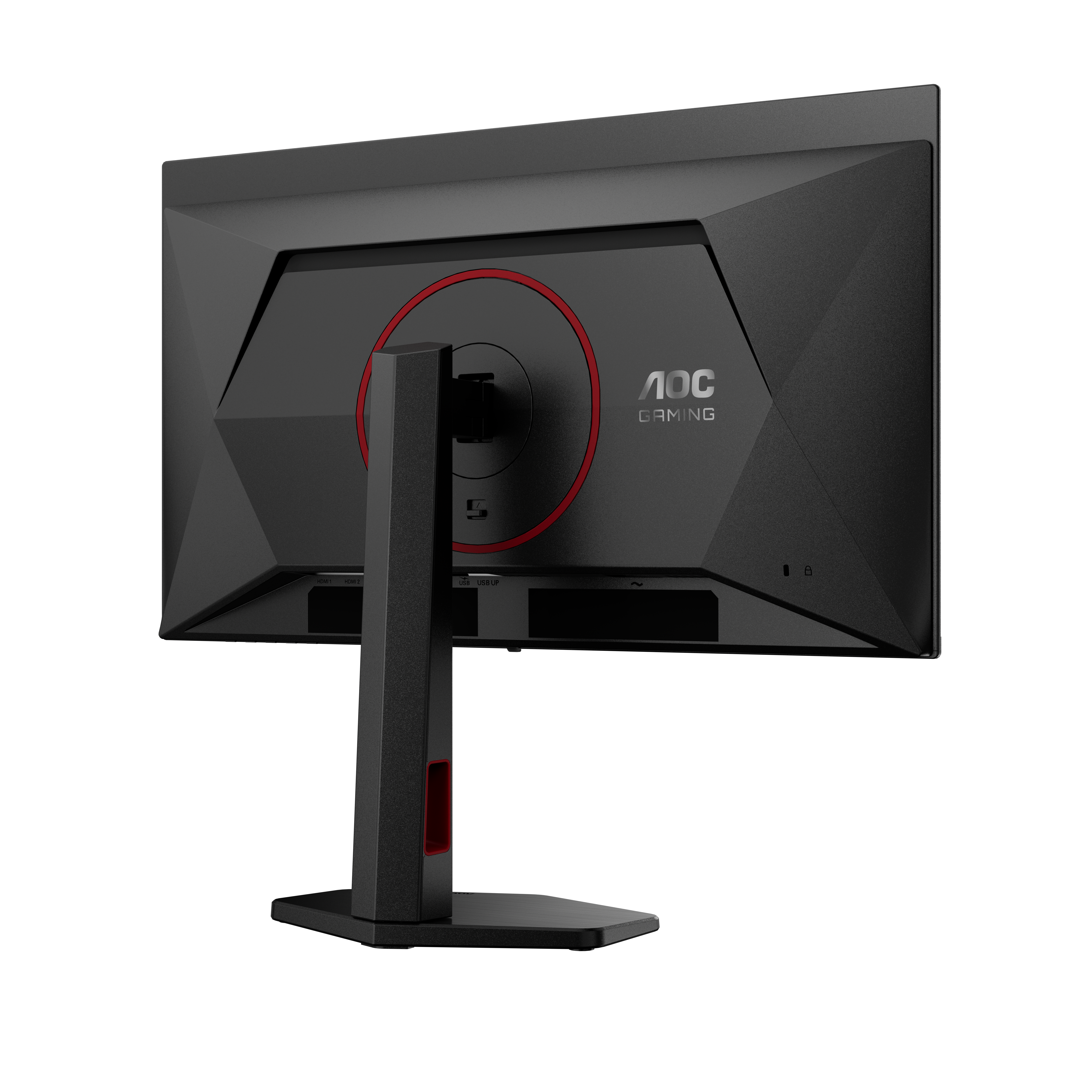 Rückseite eines schwarzen AOC-Gaming-Monitors. Er hat einen roten Ring, das AOC-Logo und einen Ständer.