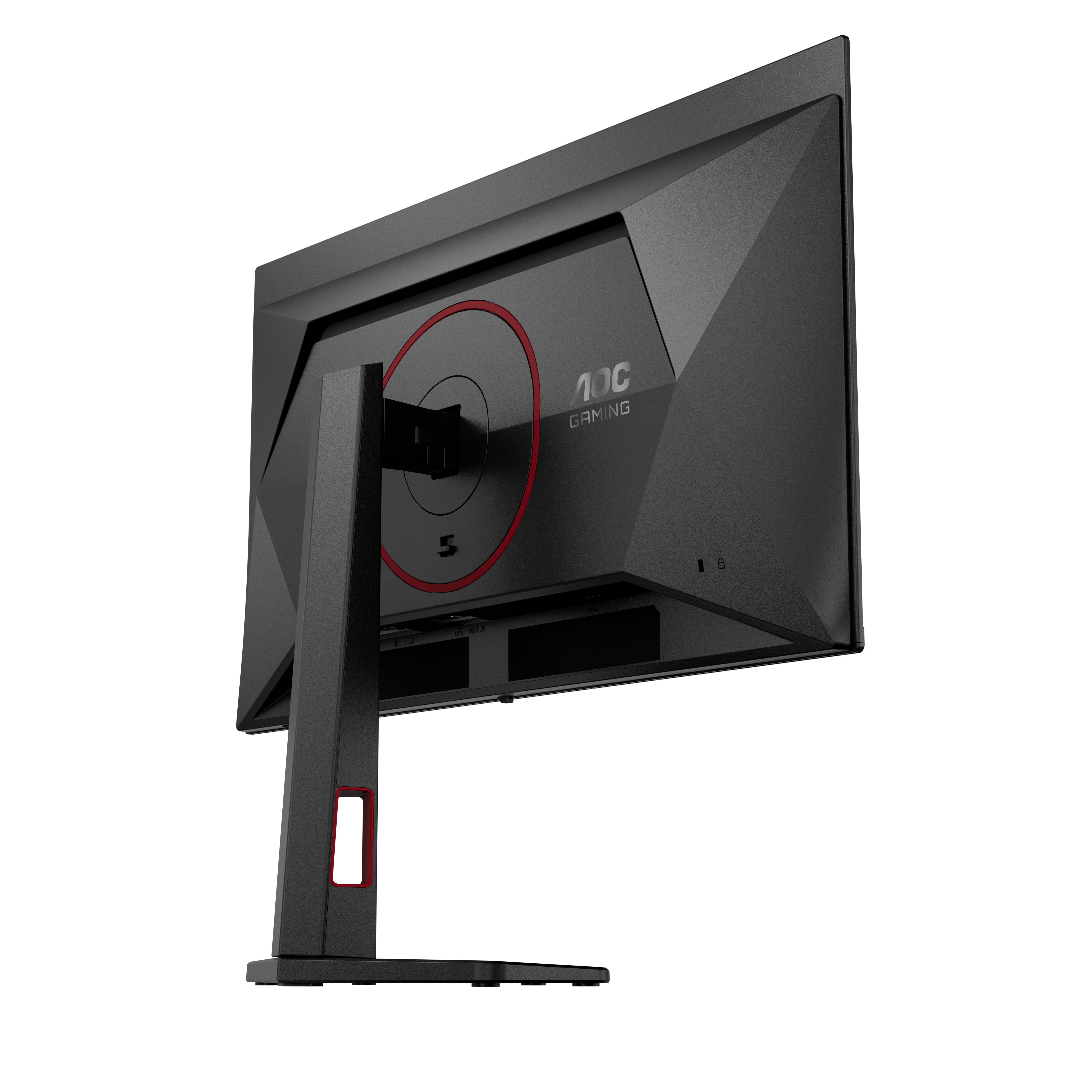 Rückseite eines schwarzen AOC-Gaming-Monitors. Er hat einen roten Kreis und das Markenlogo. Der Ständer ist schwarz.