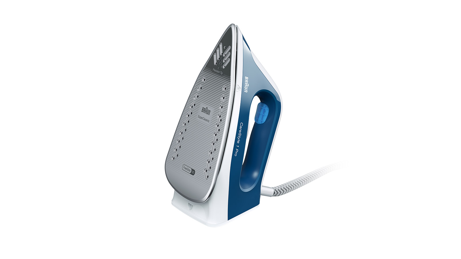 Ein Braun CareStyle 1 Pro Bügeleisen auf weißem Hintergrund. Es ist blau, weiß und silber. Ein Kabel geht vom Bügeleisen aus.