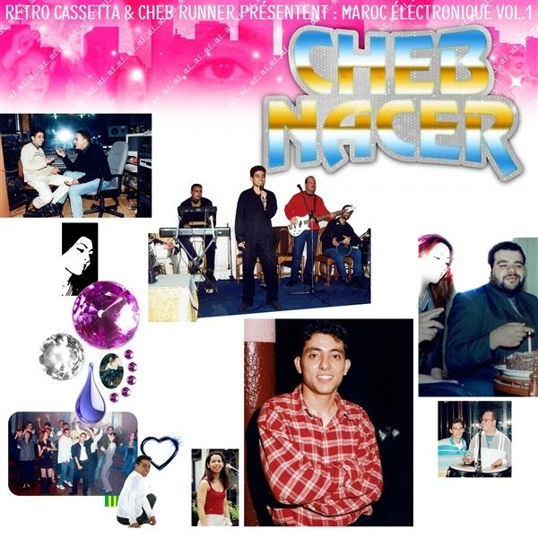 Collage von Bildern: Band, Personen, Juwelen und Text 'CHEB NACER'. Pinker Hintergrund mit Text oben.