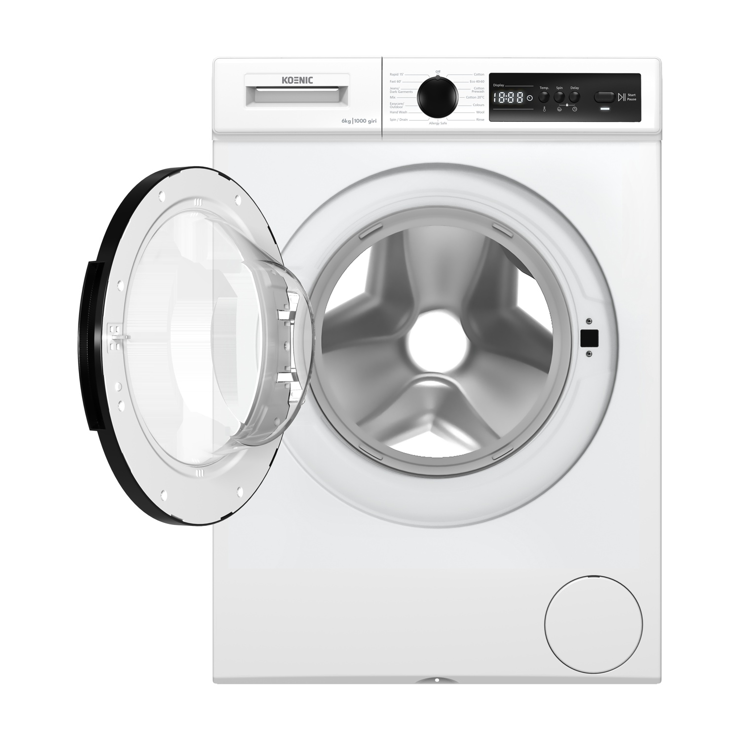 Una lavatrice Koenic bianca con la porta aperta. Ha un display digitale e un pannello di controllo con varie impostazioni.