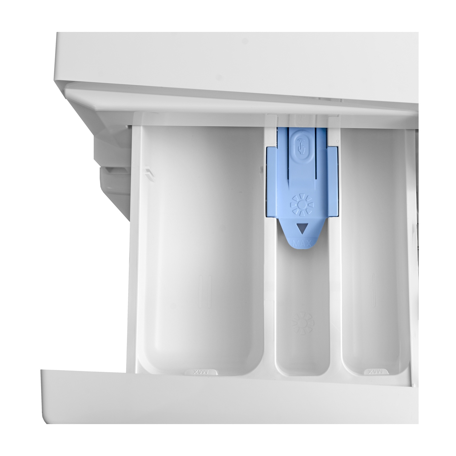 Cassetto detersivo aperto. Plastica bianca con leva blu. Scomparti per detersivo e ammorbidente. Segni MAX visibili.
