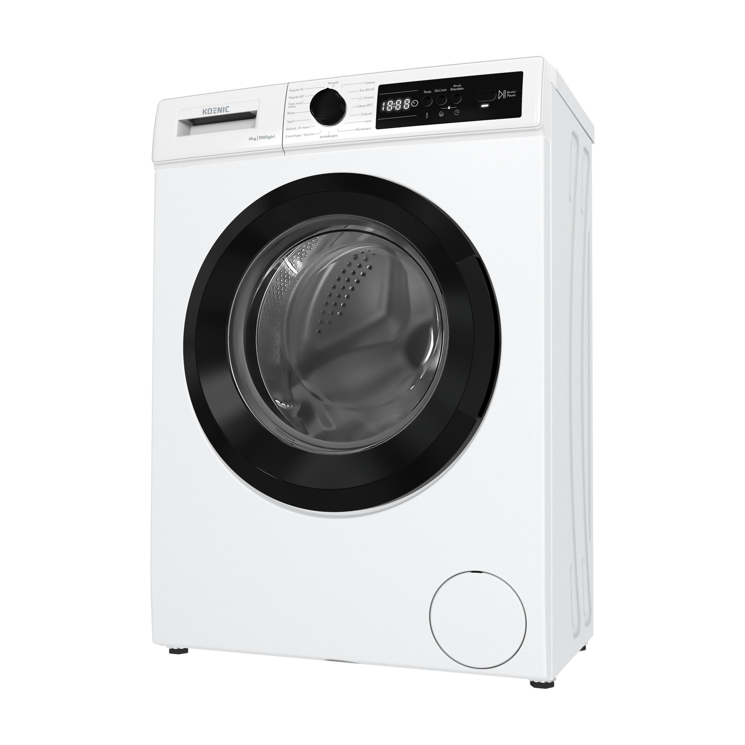 Una lavatrice Koenic bianca. Ha una porta nera e un pannello di controllo con pulsanti e un display digitale. La macchina è su sfondo bianco.