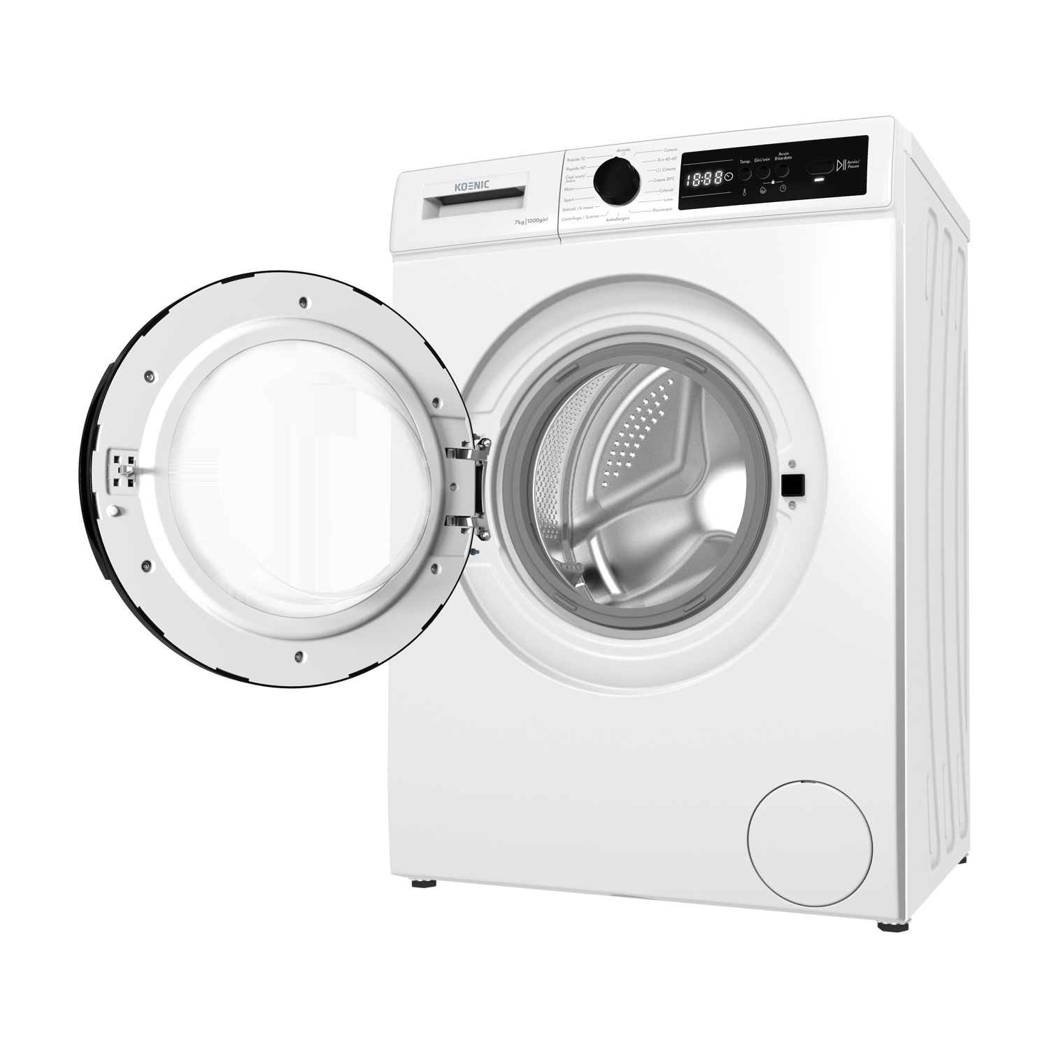 Una lavatrice bianca con la porta aperta. La macchina ha un display digitale e vari pulsanti. La porta è trasparente.