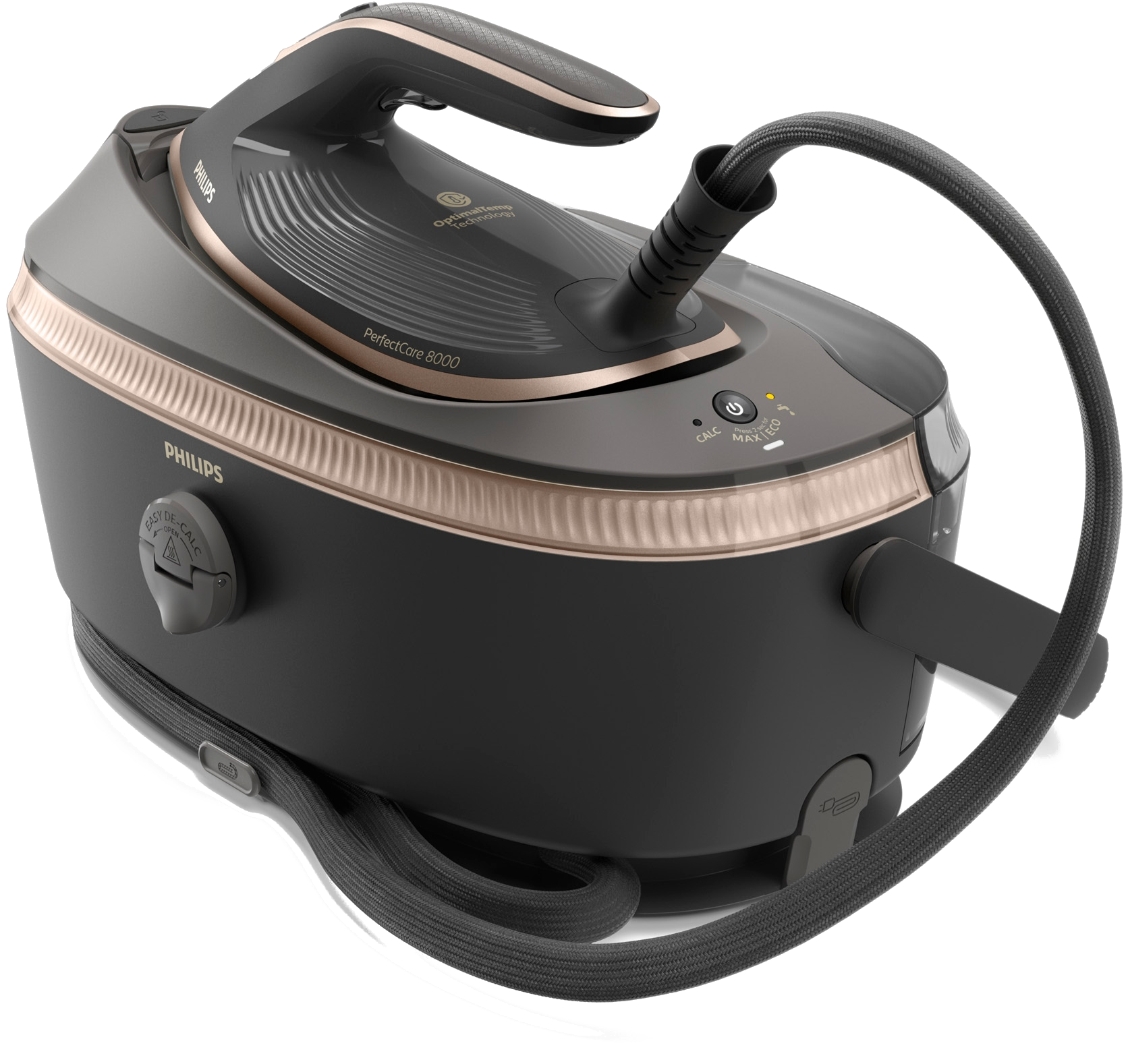Ein Philips PerfectCare 8000 Bügeleisen, schwarz mit goldenen Akzenten, liegt auf weißem Untergrund. Ein schwarzer Schlauch ist befestigt.