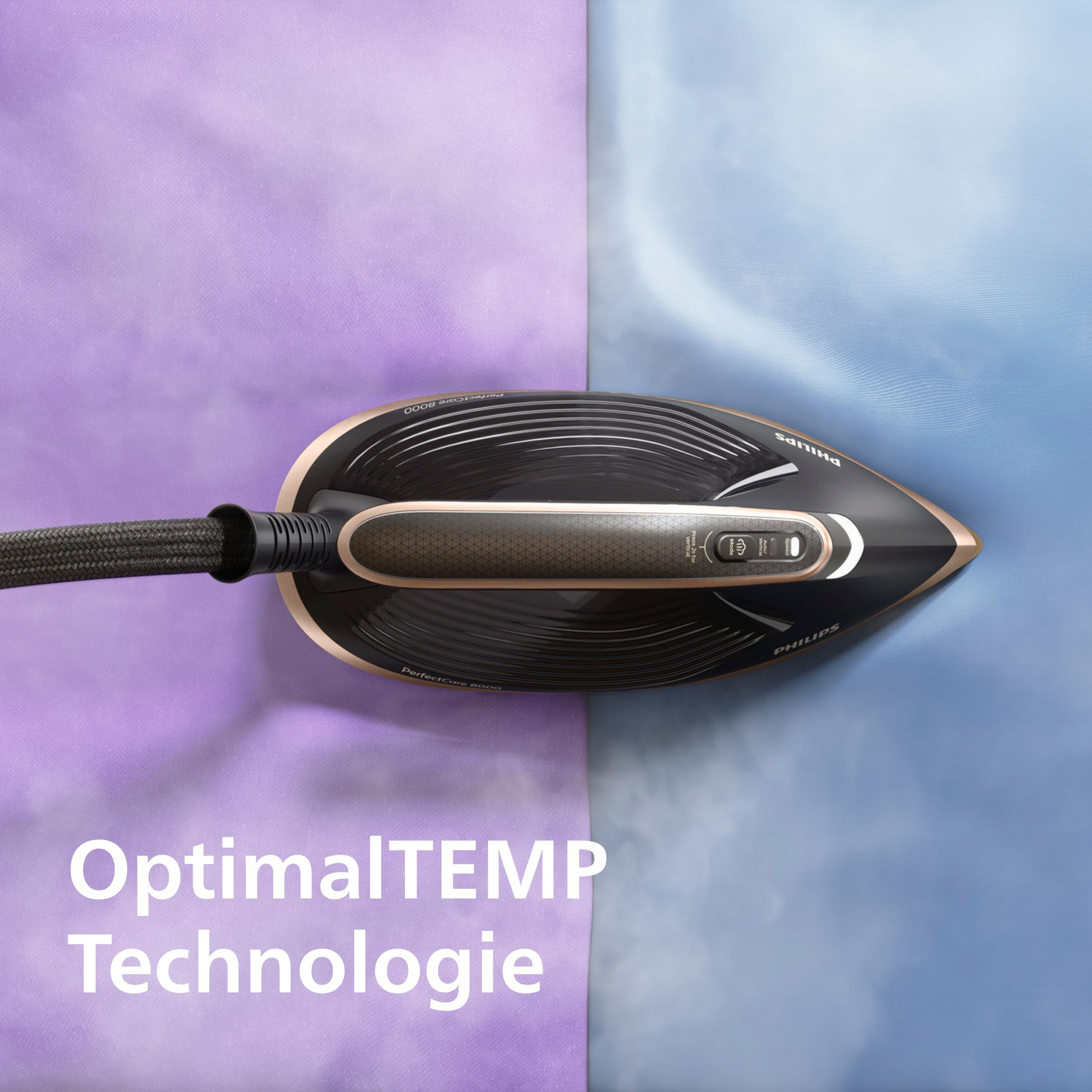 Ein schwarzes Philips-Bügeleisen auf lila und blauem Stoff. Der Text lautet 'OptimalTEMP Technologie'.