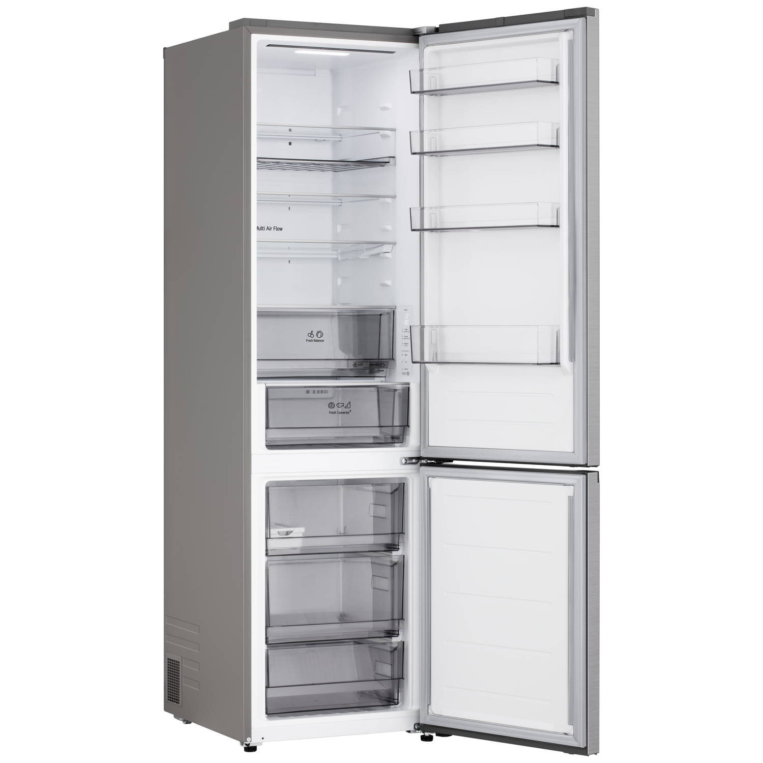 Open silver refrigerator with opened doors, showing shelves, drawers and interior lights. White interior with transparent shelves.