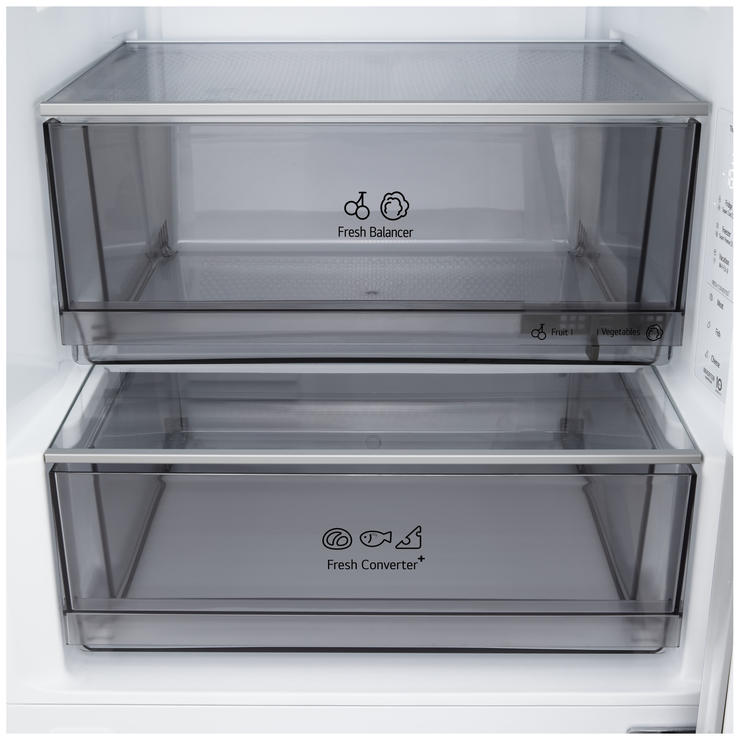Inside a refrigerator, two transparent drawers labeled 'Fresh Balancer' and 'Fresh Converter+' are visible. The design is modern.