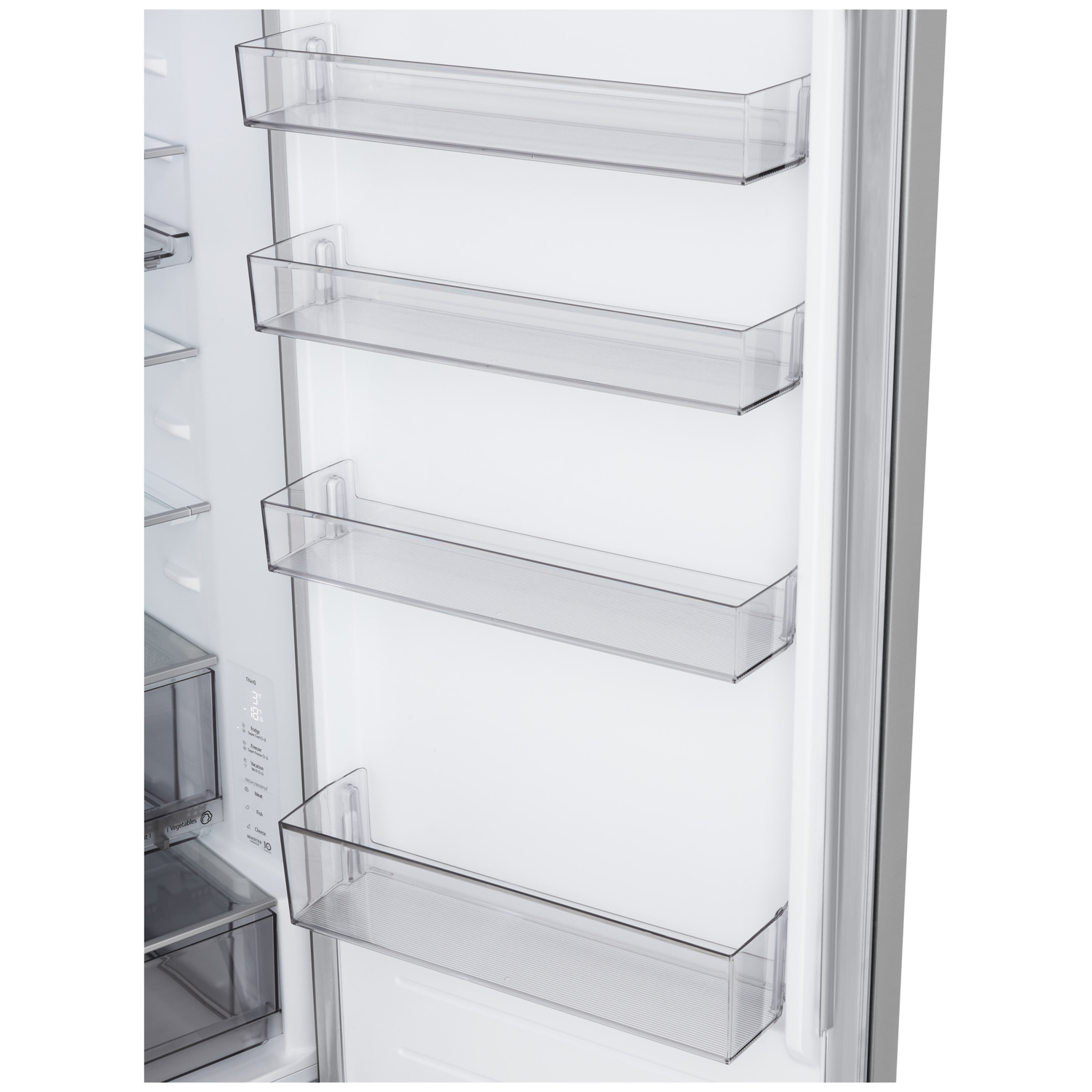 Inside a refrigerator door with clear plastic shelves. The shelves are empty, and the interior is white. The door is slightly ajar.