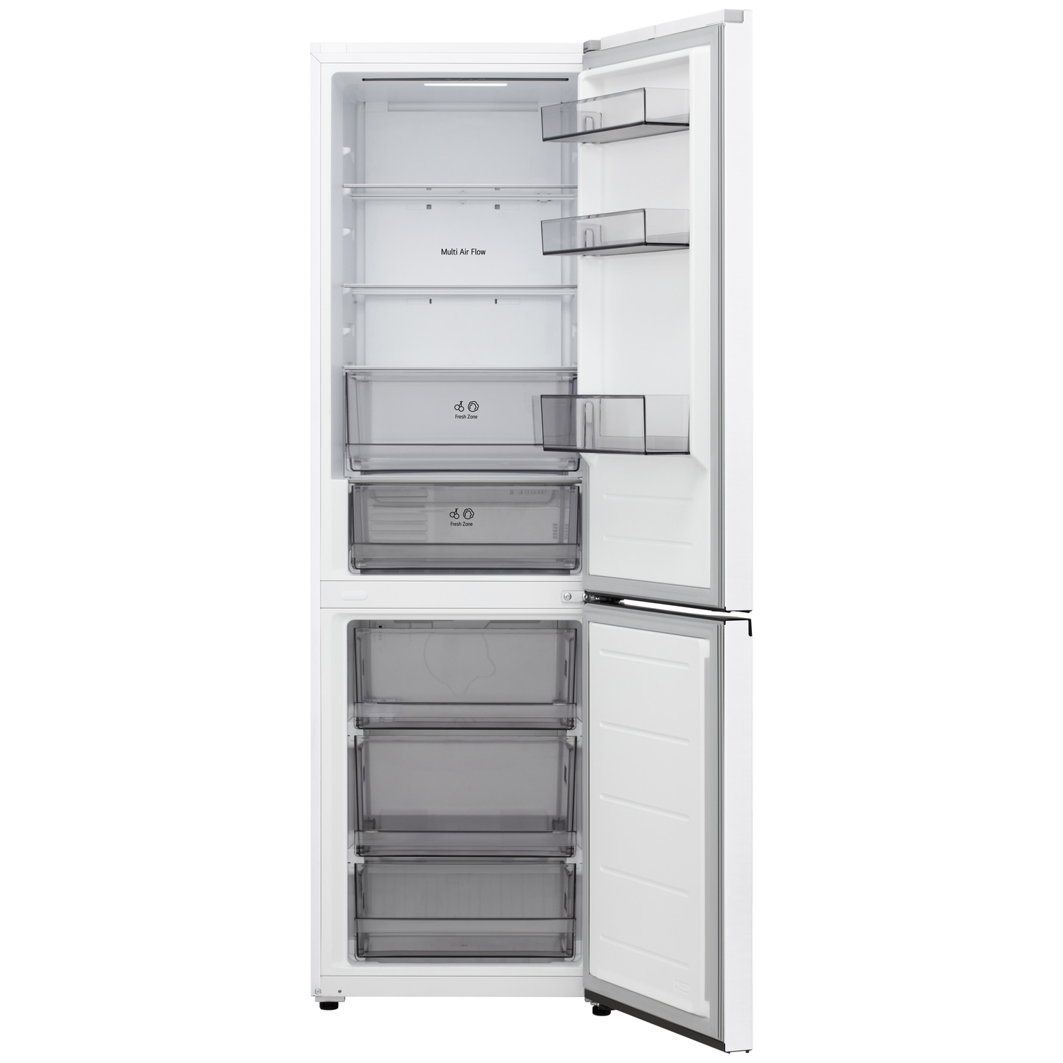 Open white refrigerator showing shelves, drawers, and compartments. The door on the right is open, revealing more storage.