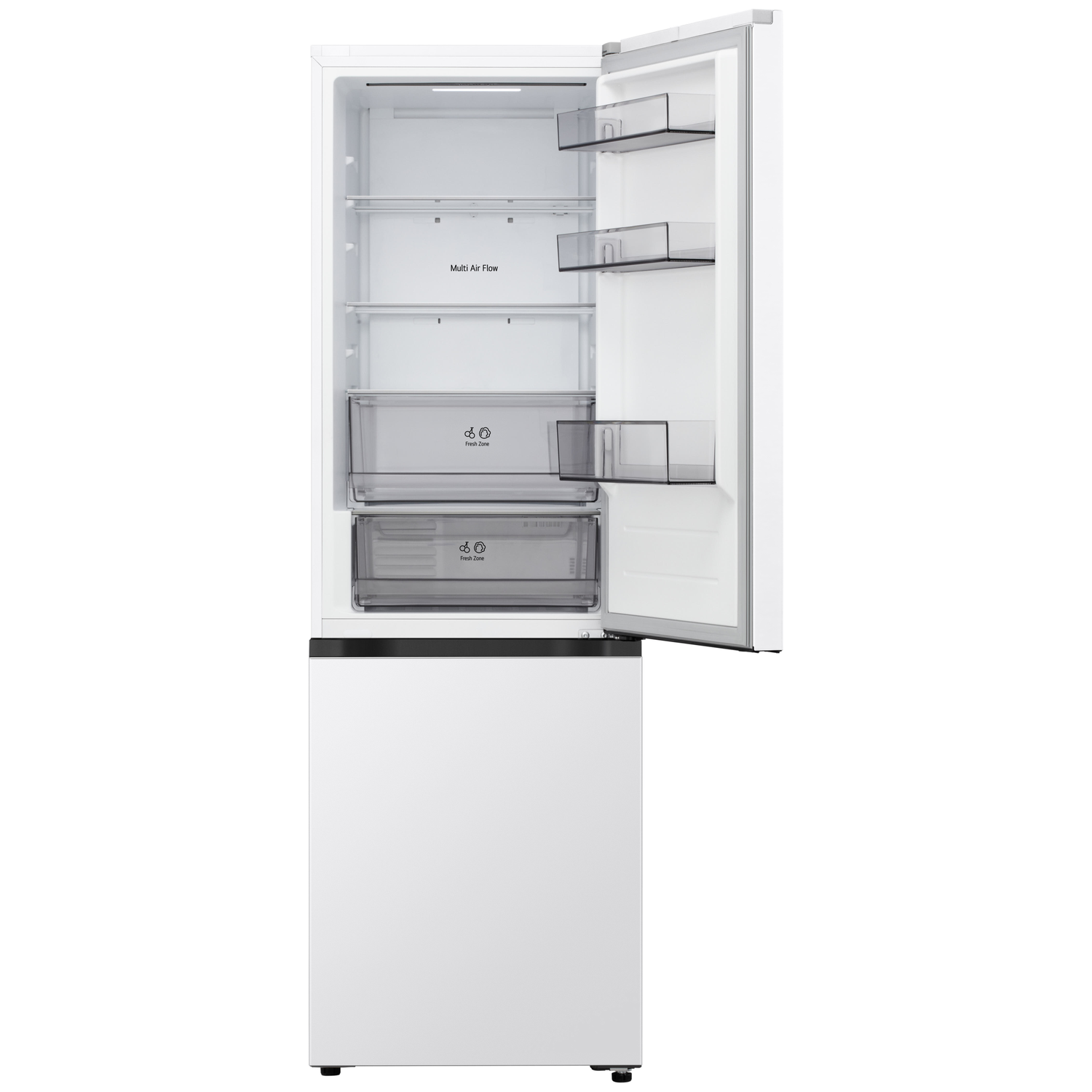 A white refrigerator with the door open, showing shelves, drawers, and 'Multi Air Flow' text. The bottom door is closed.
