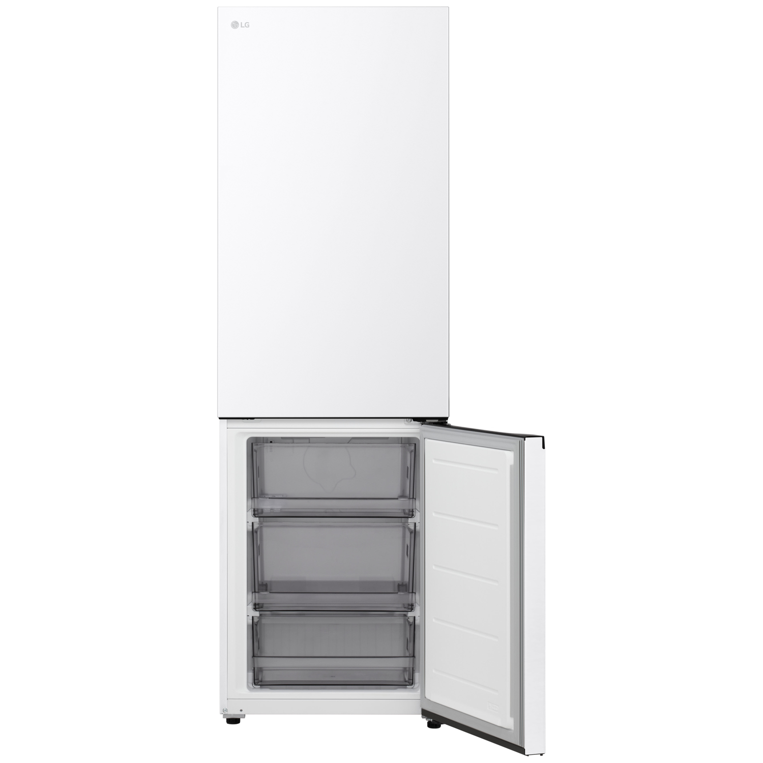 A white LG refrigerator with the freezer door open, revealing three drawers. The fridge door is closed. The background is white.