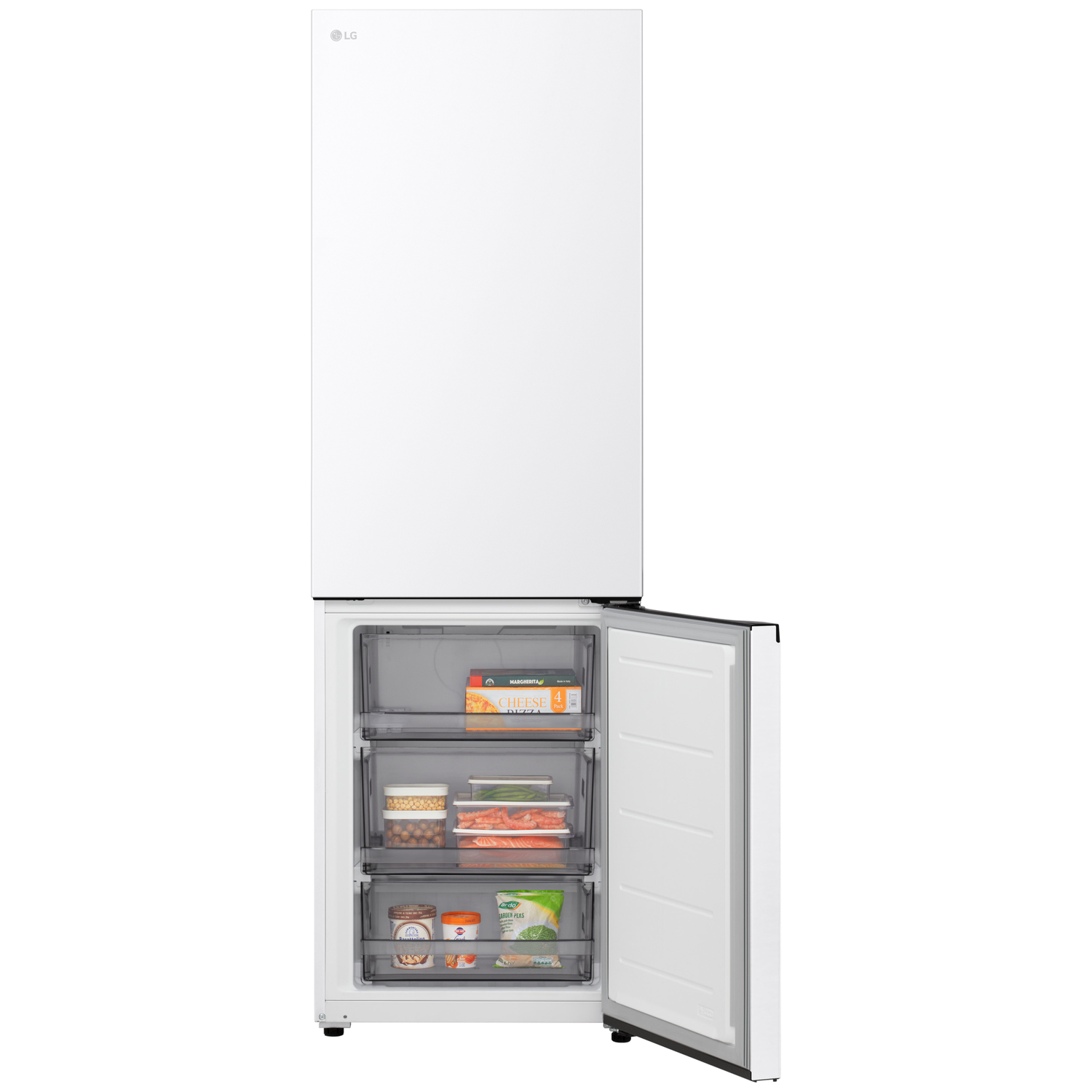 A white LG refrigerator with the freezer door open, revealing three drawers containing food items such as pizza, peas, and other groceries.