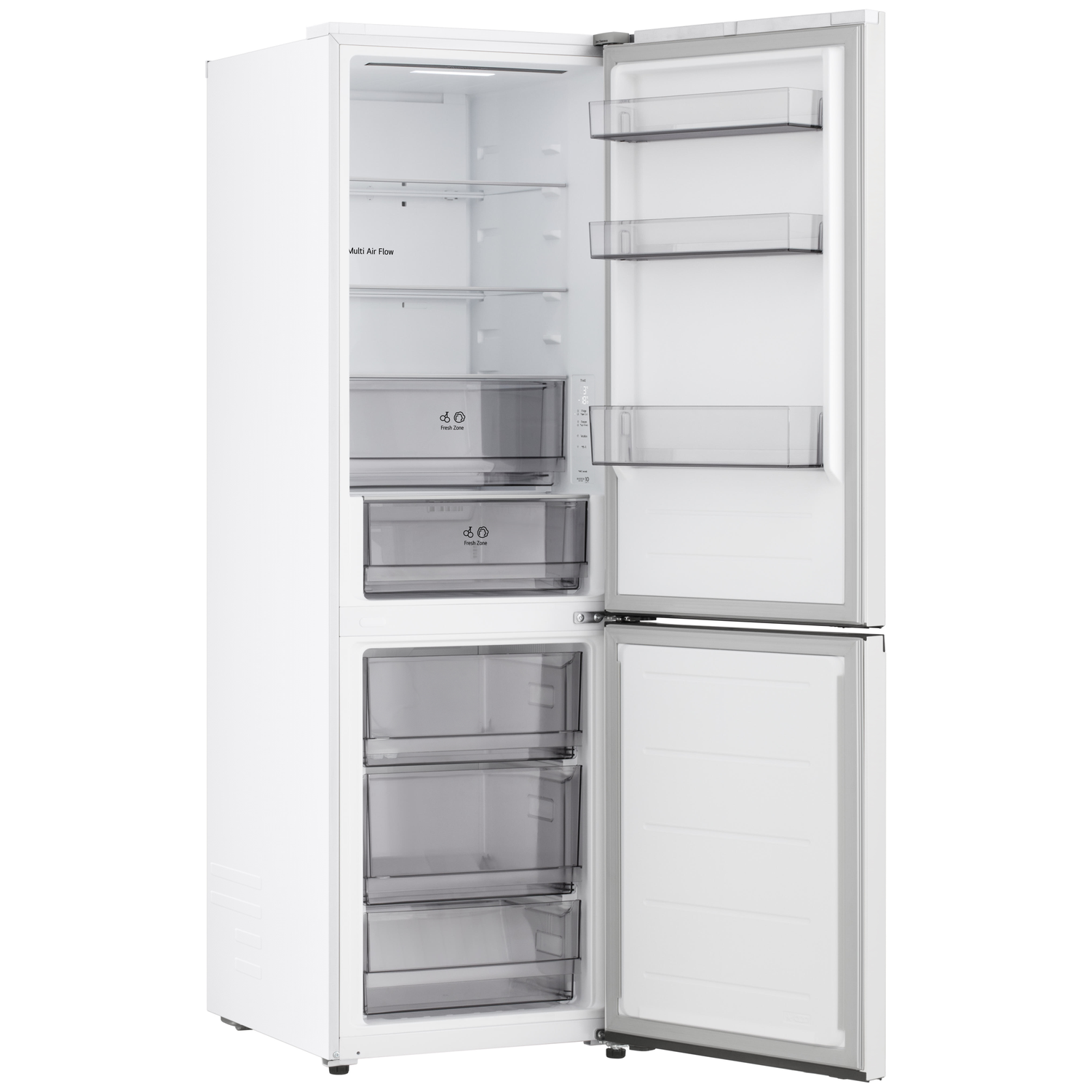 A white refrigerator with the door open, showing shelves and drawers. The open door reveals more shelves.