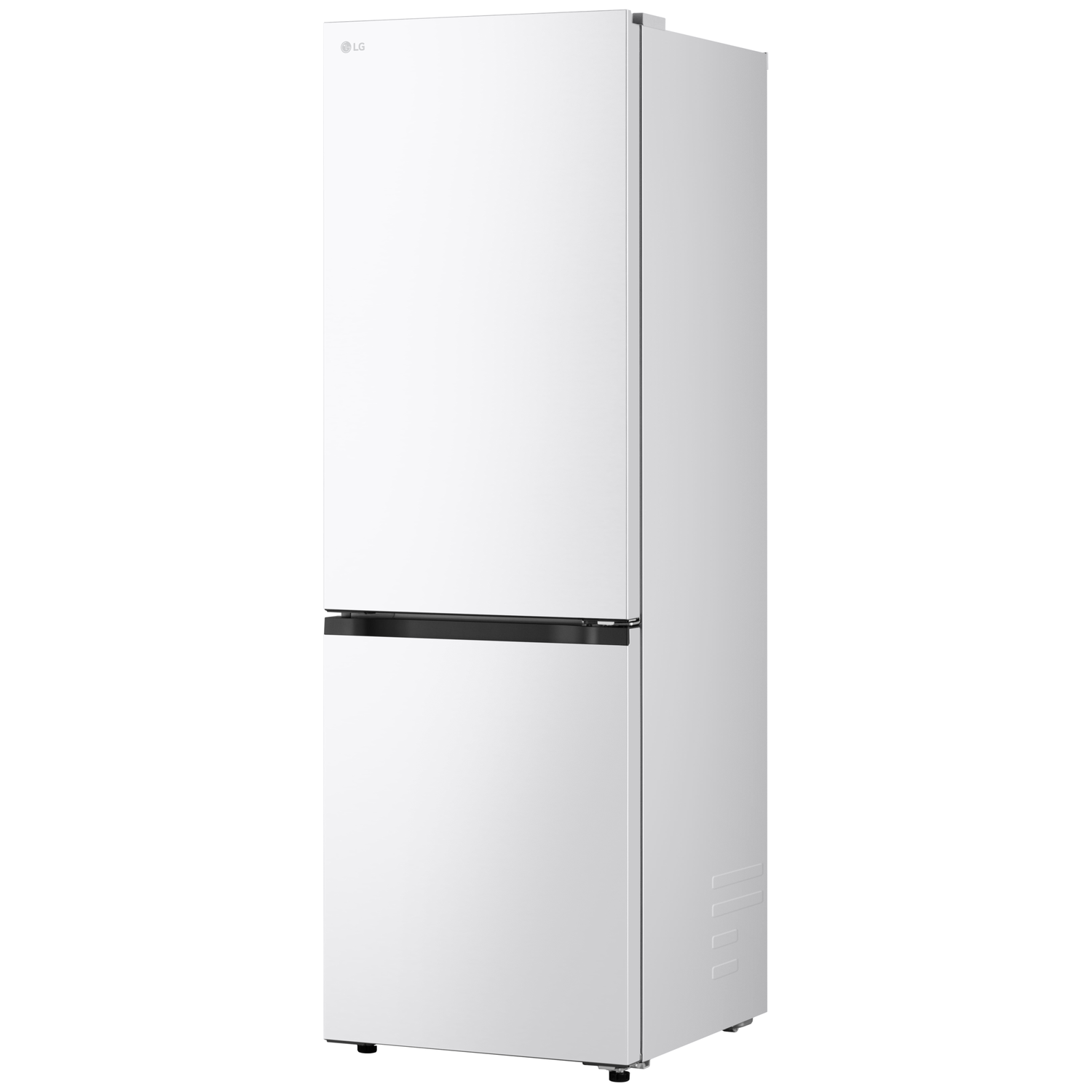 A white LG refrigerator with a black handle. It has two doors. The LG logo is at the top. The background is white.