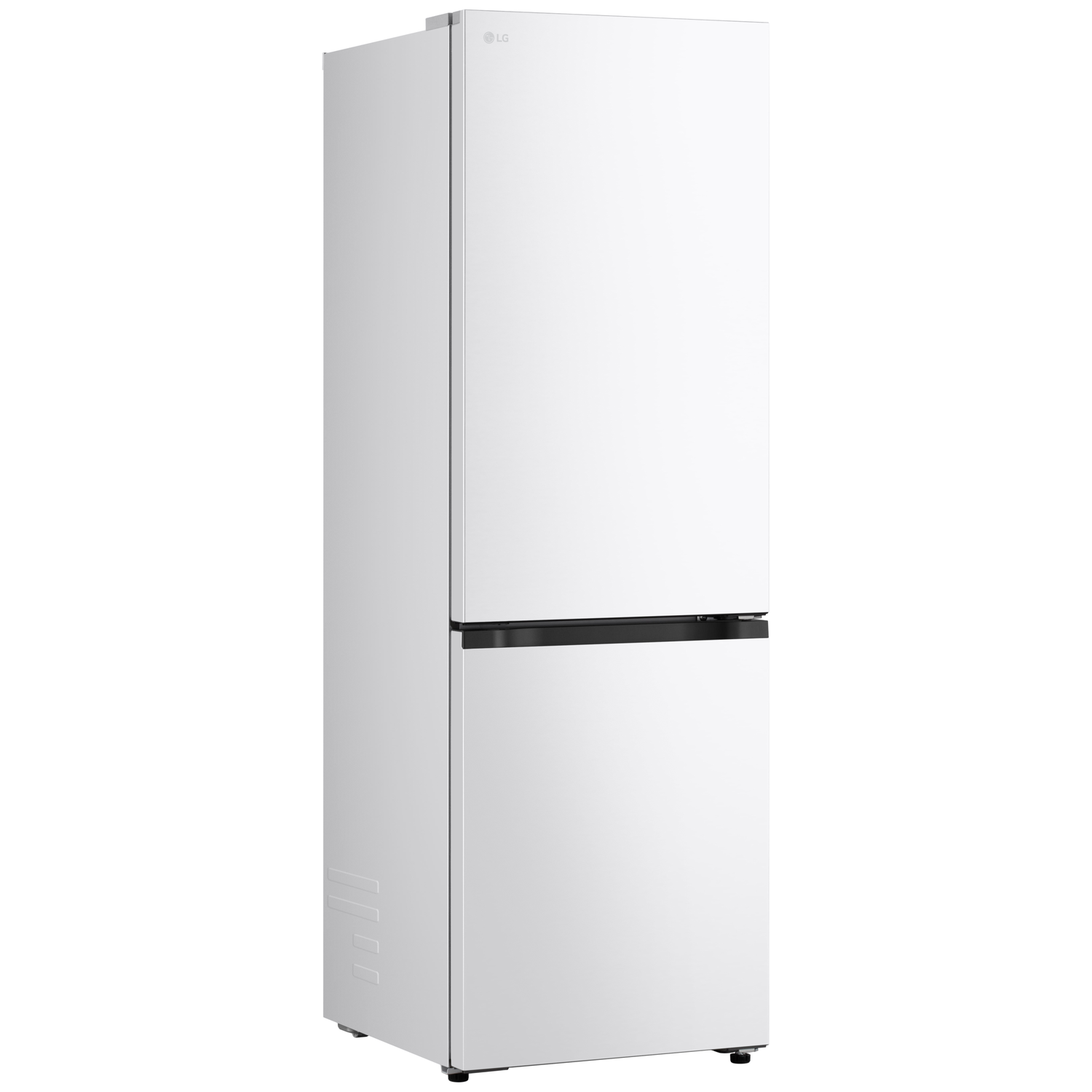 A white LG refrigerator stands against a white background. It has two doors with black handles, and the LG logo is visible.