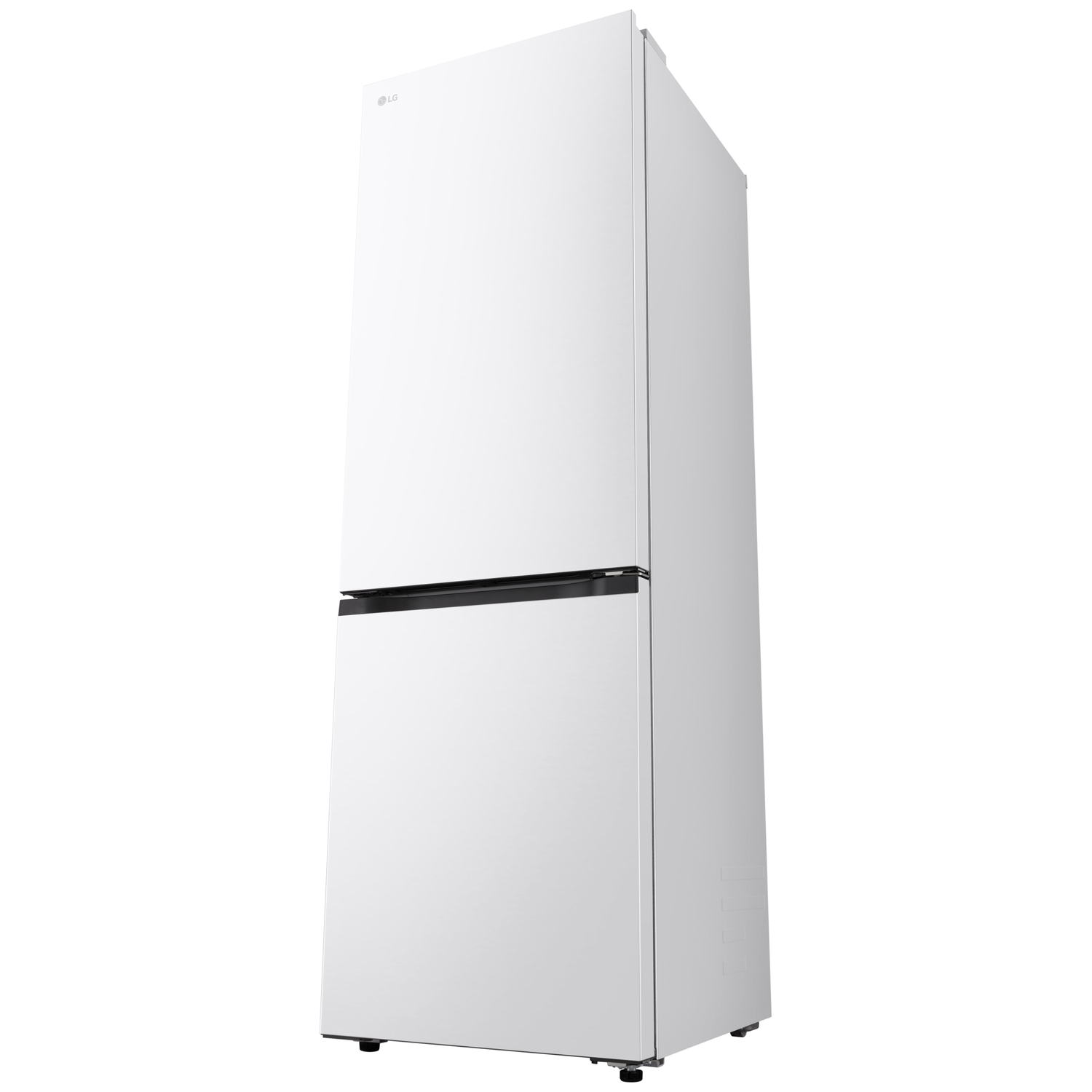 A white LG refrigerator with a black handle. It is on a white background. The LG logo is visible on the top left.
