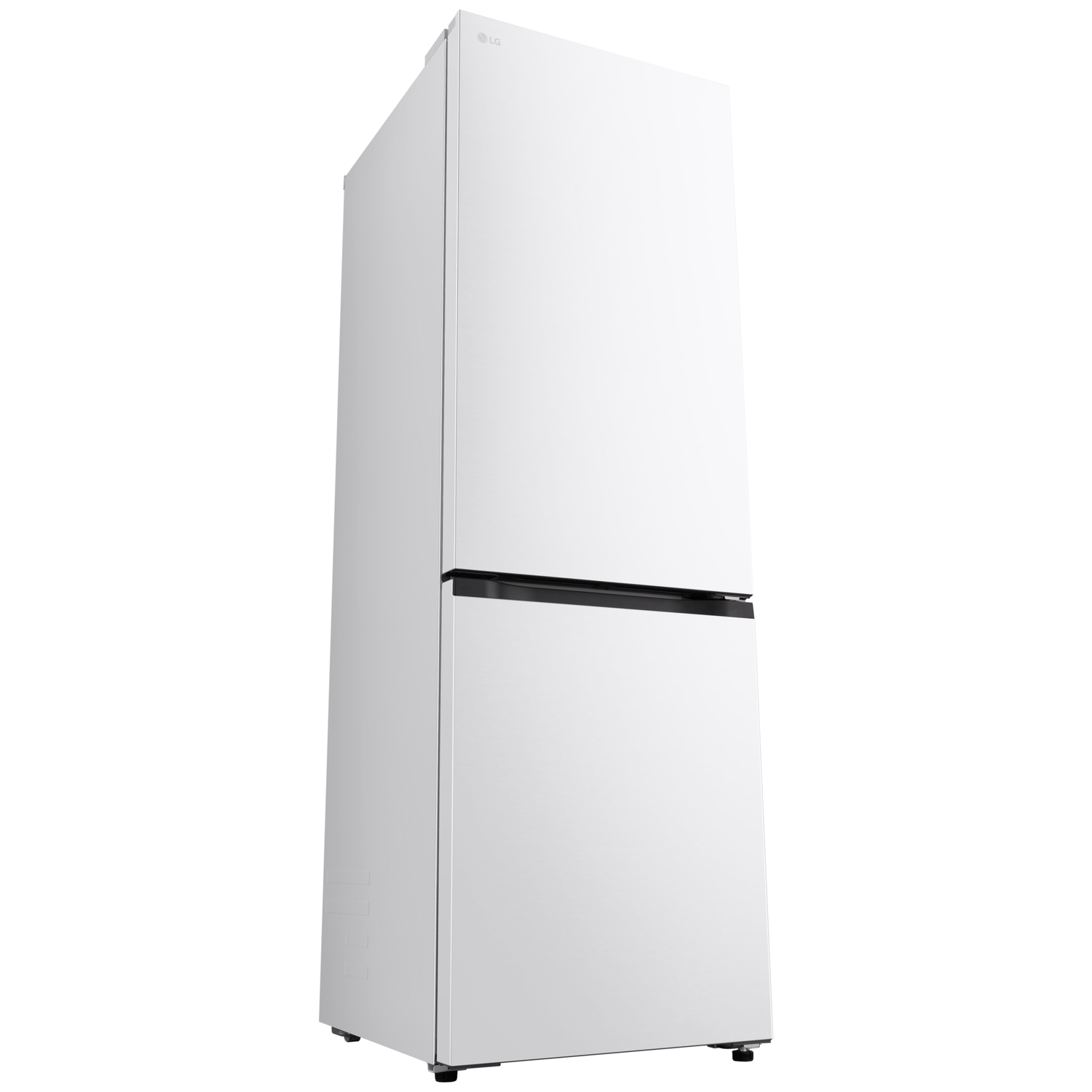A white LG refrigerator stands on a white background. The fridge has two doors, a black handle, and the LG logo at the top.