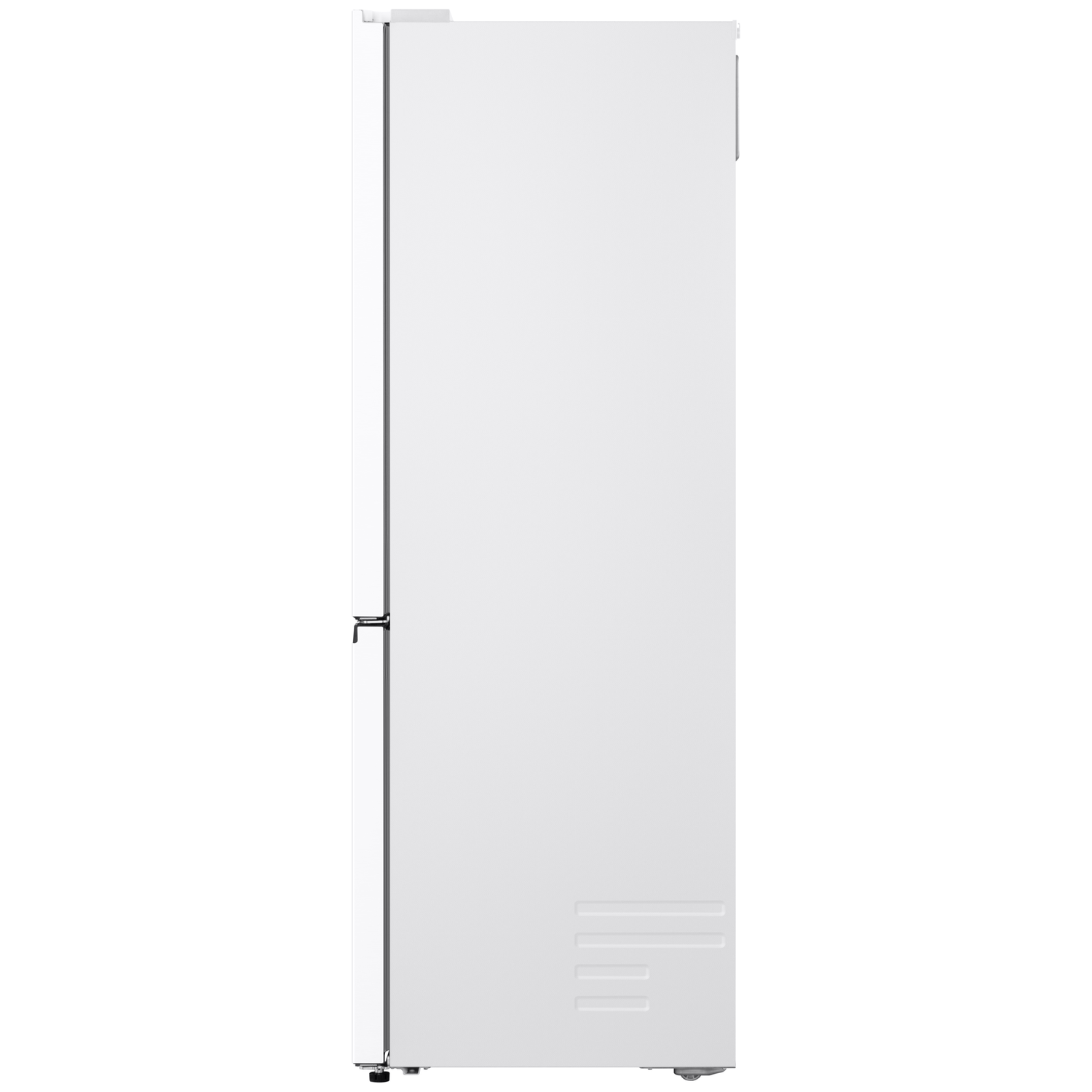 A white refrigerator against a white background. It has a handle, a door and some lines at the bottom. It is a vertical shot.