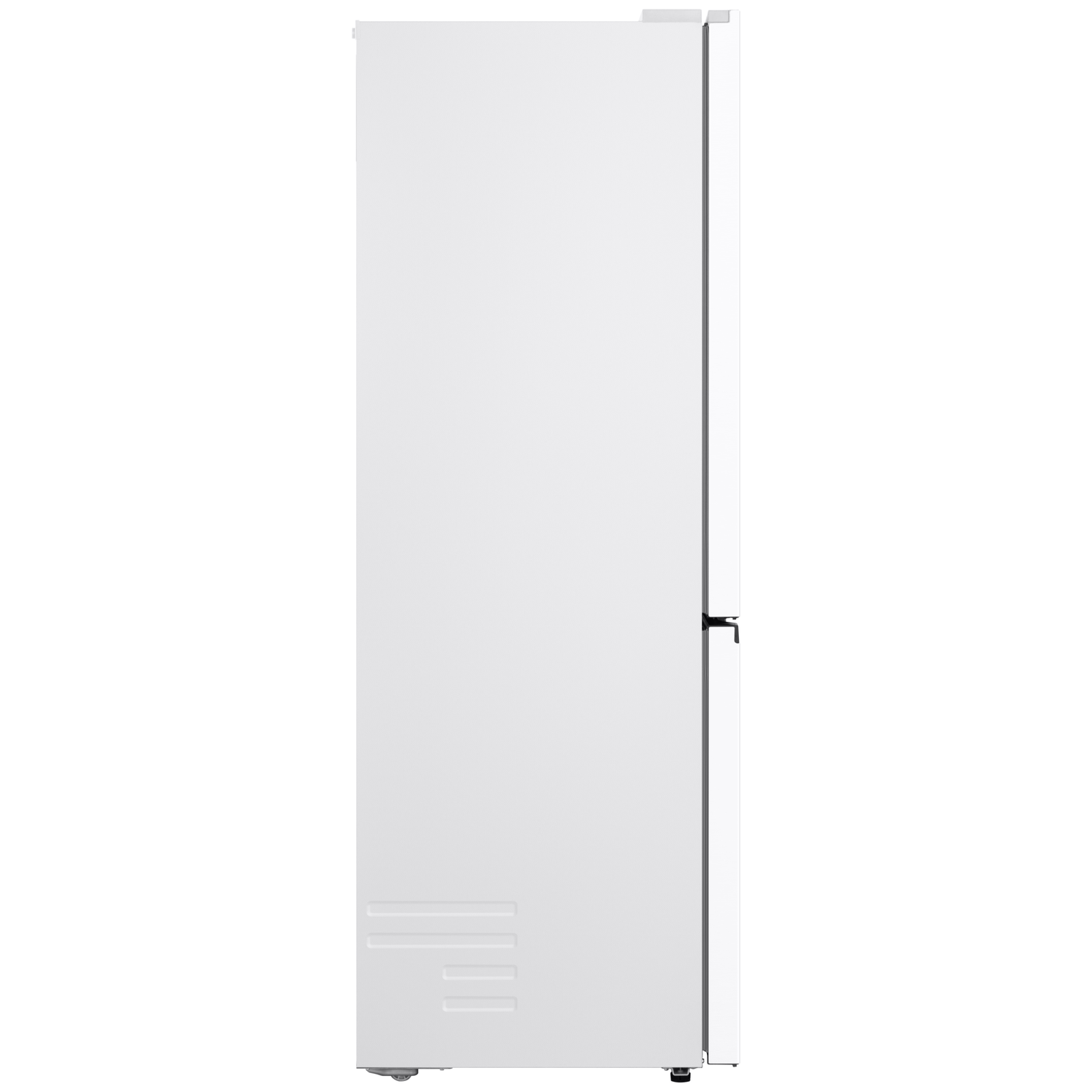 A white refrigerator against a white background. It has a handle, a vent at the bottom, and rests on small feet.