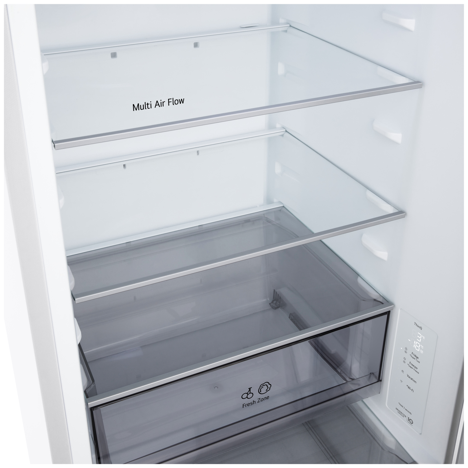Inside a refrigerator, shelves and a drawer are visible. The labels 'Multi Air Flow' and 'Fresh Zone' are present. Digital display.