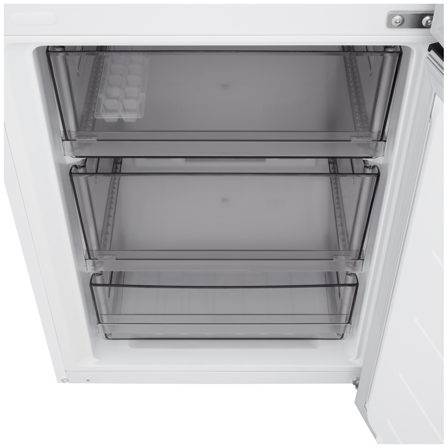 Open freezer with three transparent drawers. An ice cube tray is visible in the top drawer. White frame and door.