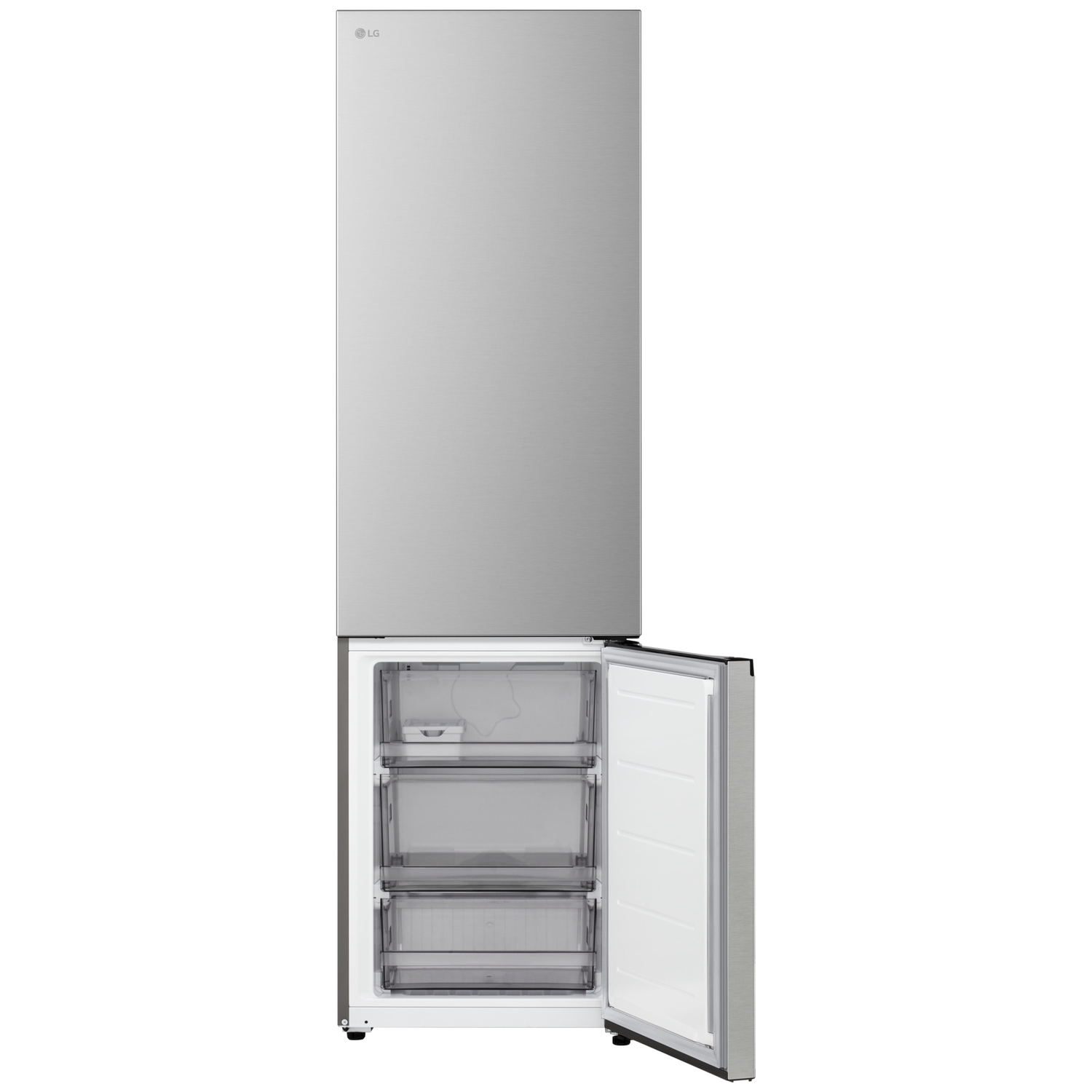 A stainless steel LG refrigerator with the freezer door open, showing three drawers. The top door is closed.