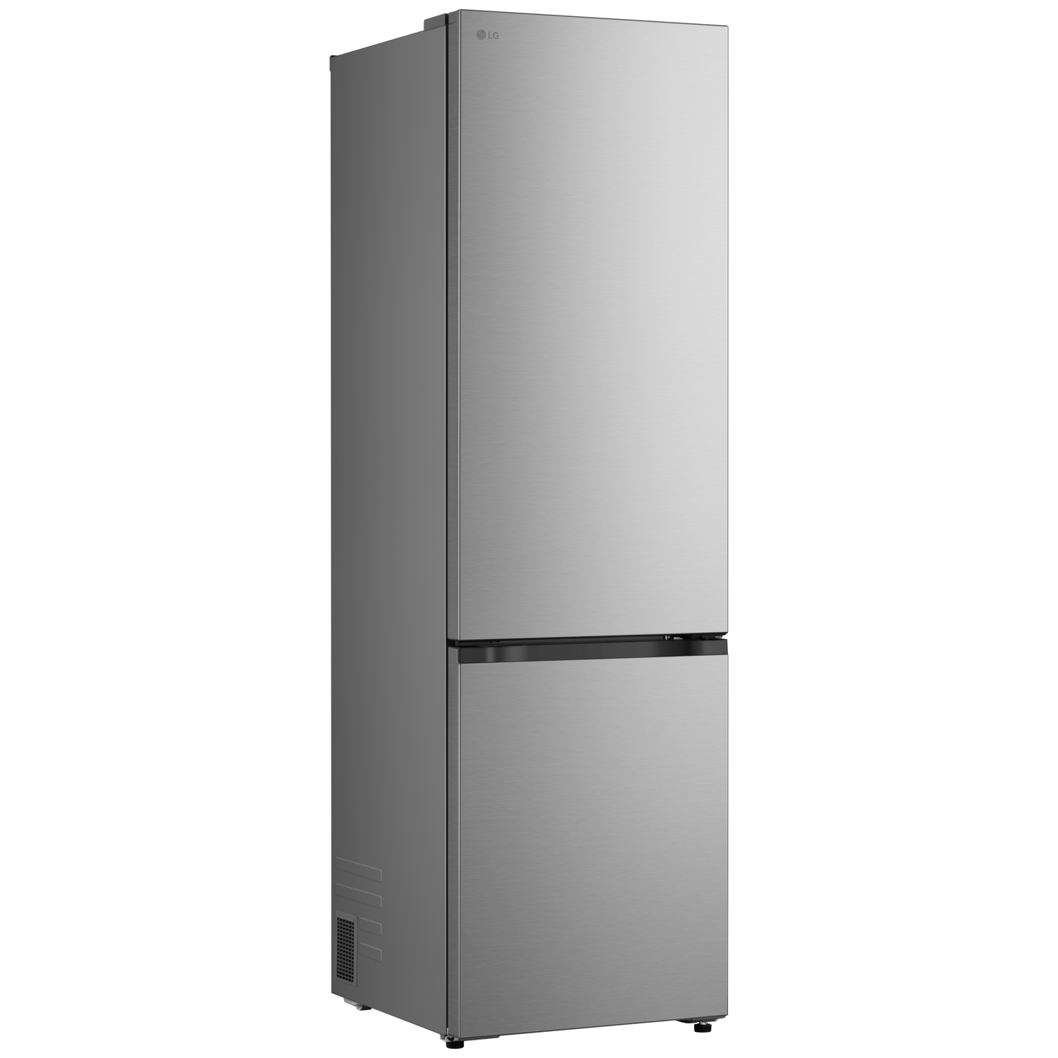 A silver LG refrigerator with two doors is on a white background. The LG logo is visible. The bottom door has a handle.