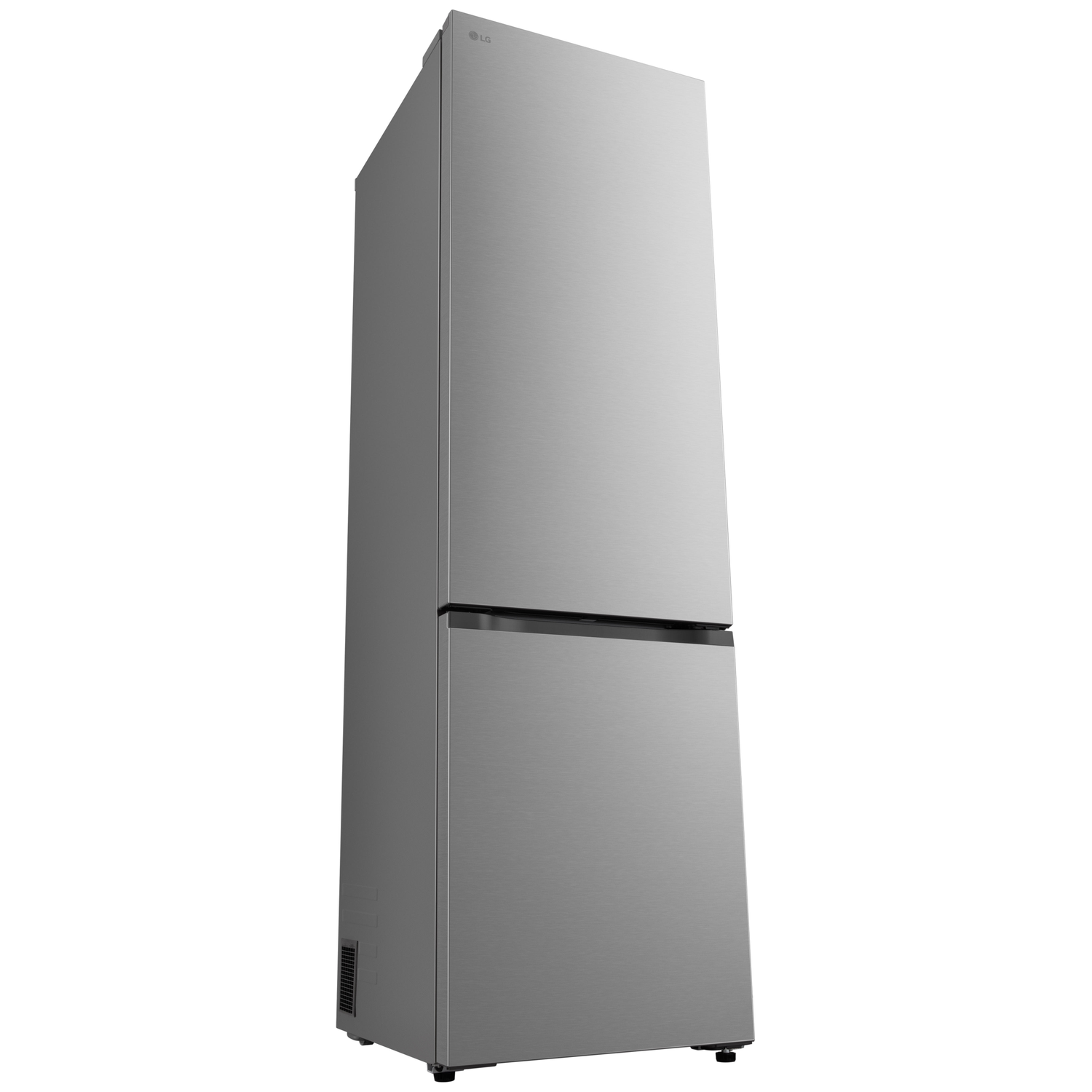 A stainless steel LG refrigerator stands upright. It has two doors and the LG logo on the top. The background is white.