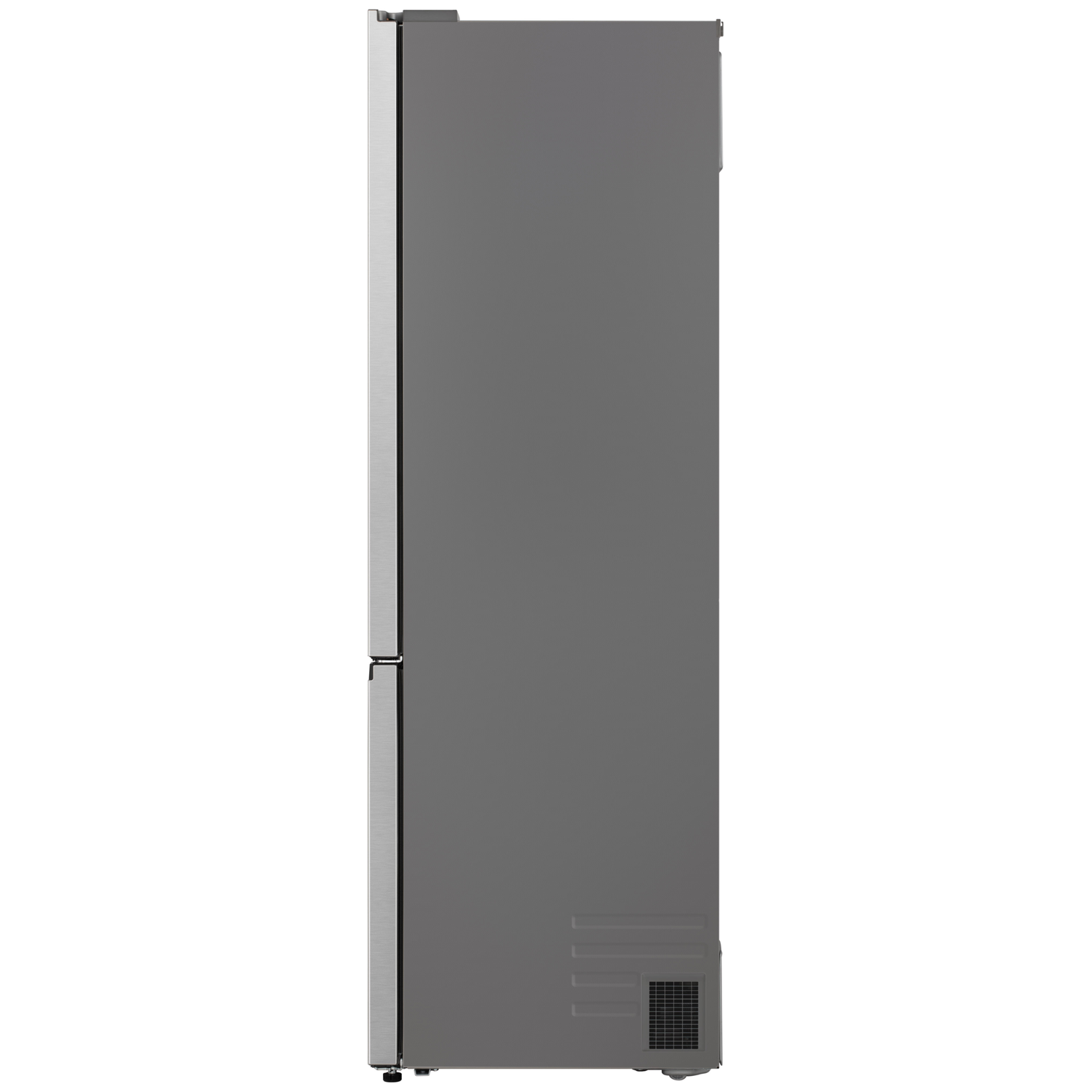 Side view of a gray refrigerator with silver trim. The bottom has a vent. It's against a white background.