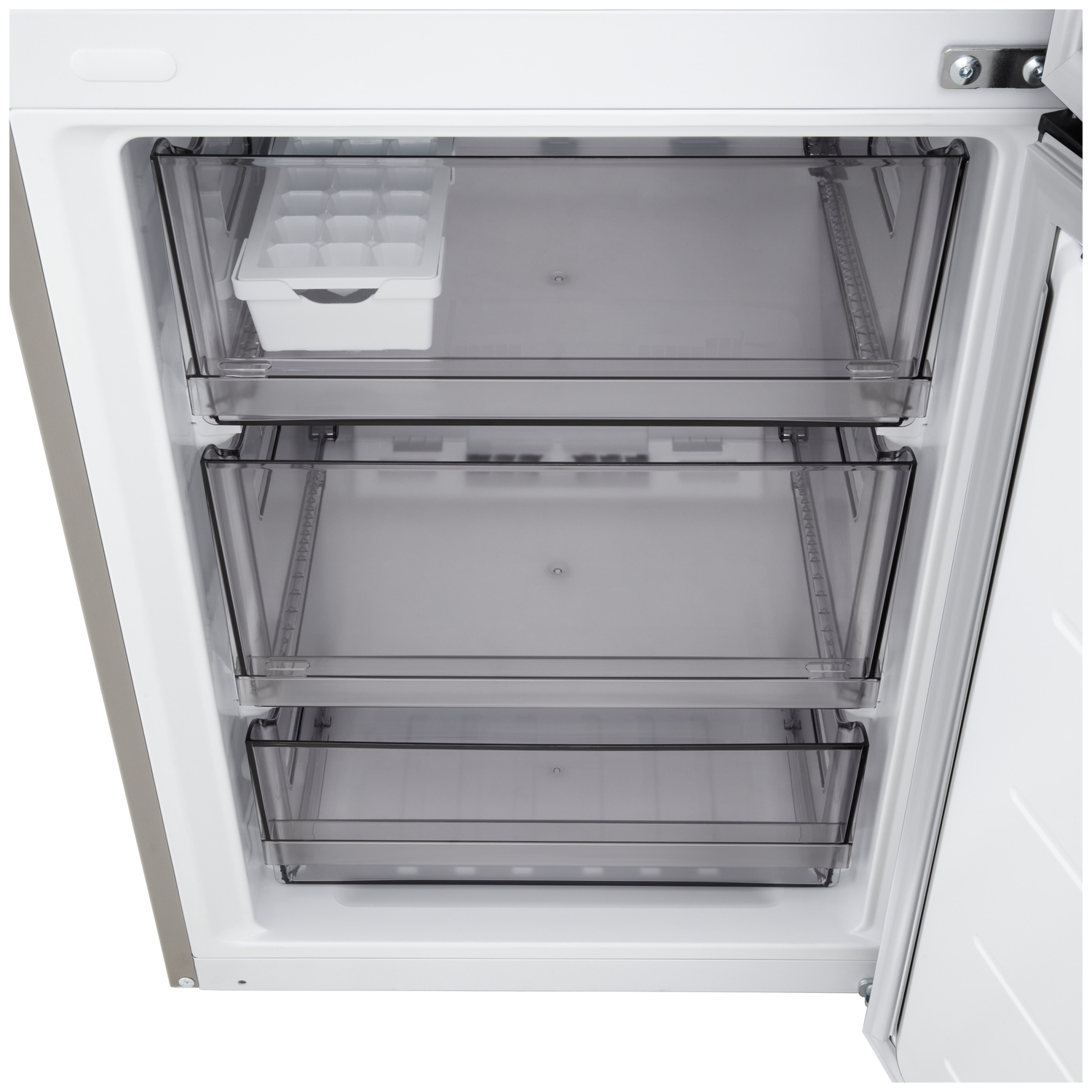 Open freezer with three transparent drawers. A white ice cube tray sits in the top drawer.
