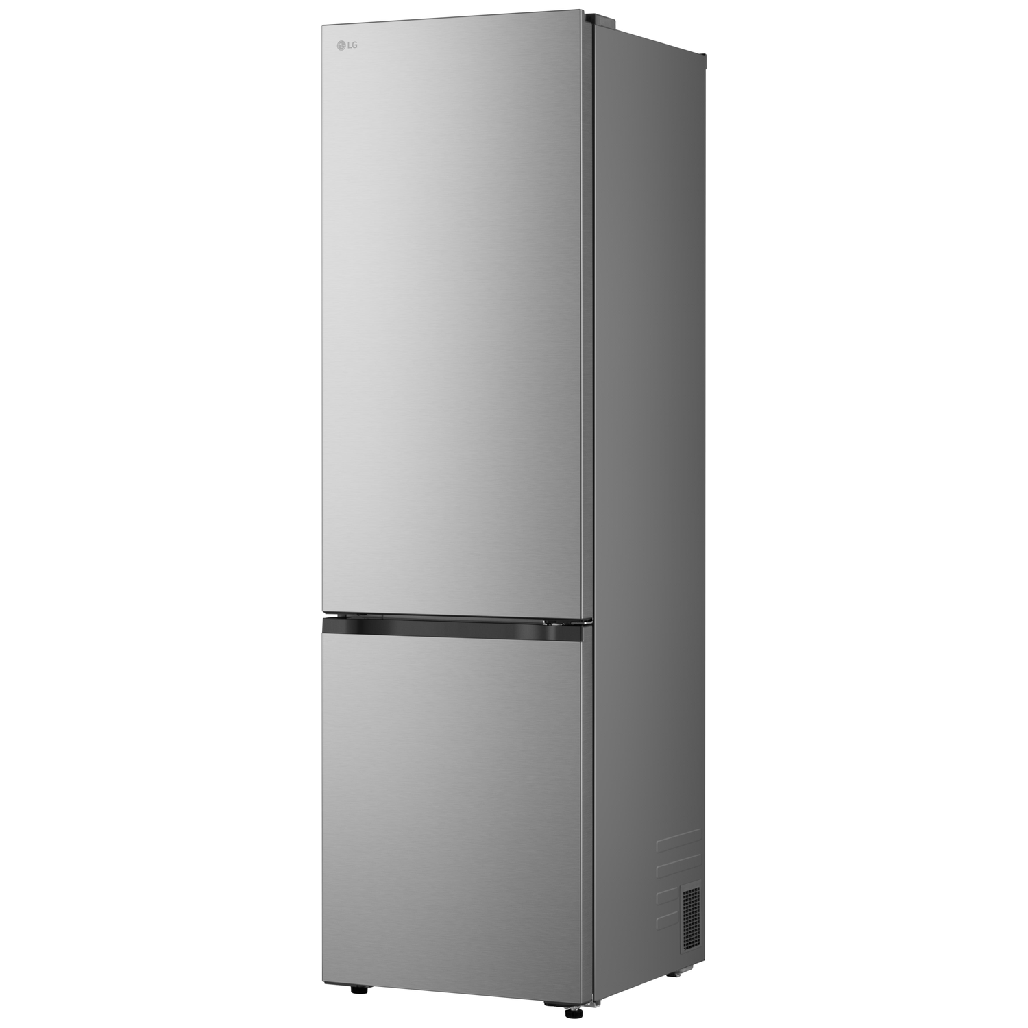 A stainless steel LG refrigerator stands on a white background. It has two doors and an LG logo on the top door.